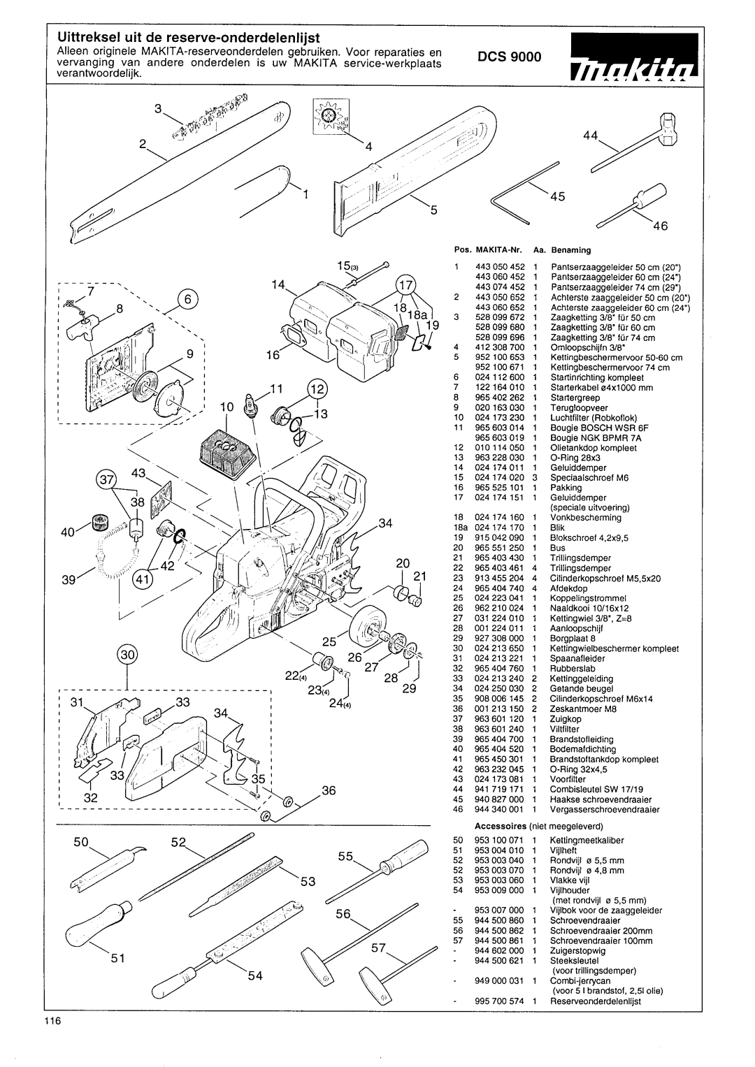 Makita DCS 9000 manual Uittreksel uit de reserve-onderdelenlijst 