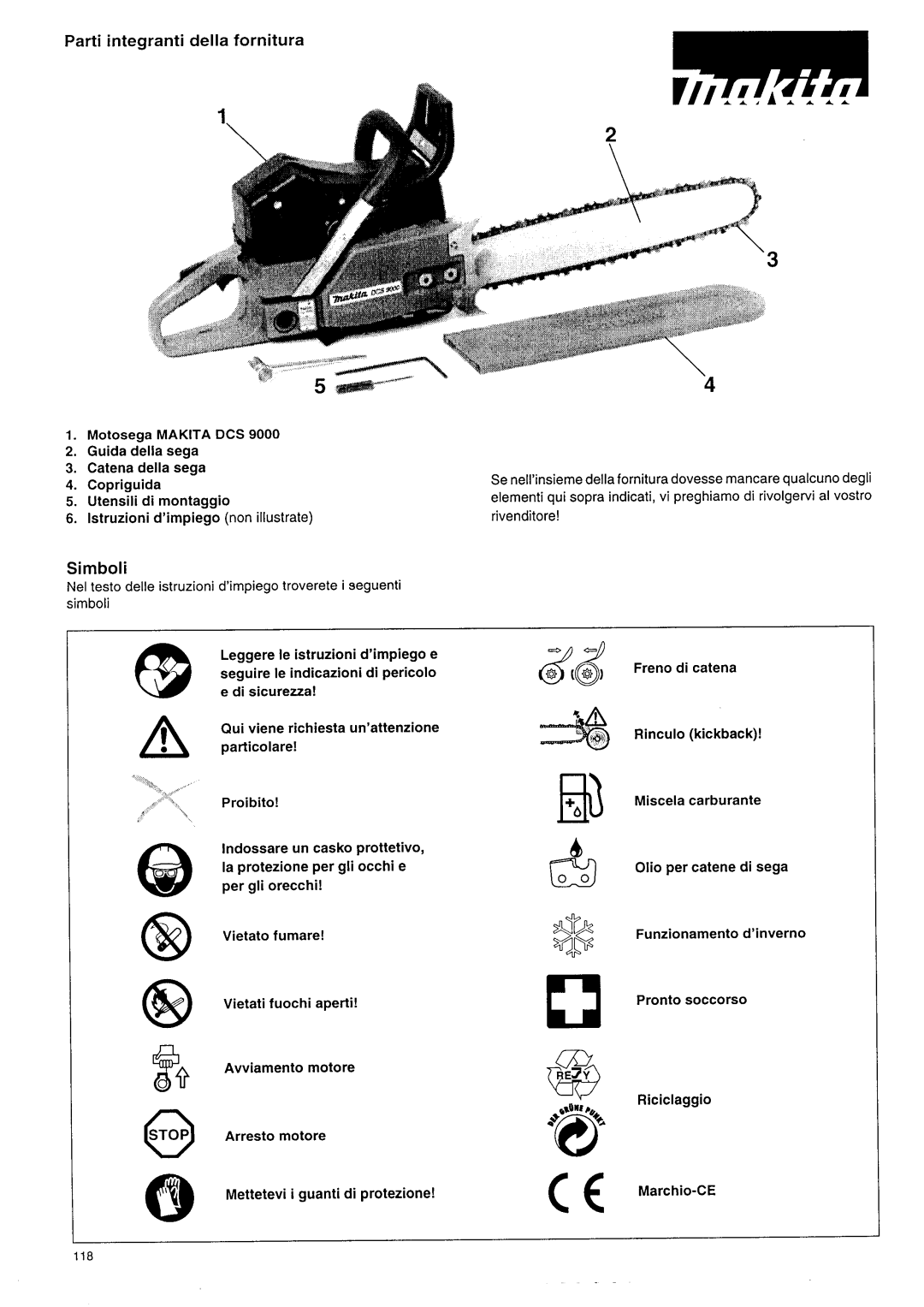 Makita DCS 9000 manual Parti integranti della fornitura, Simboli 