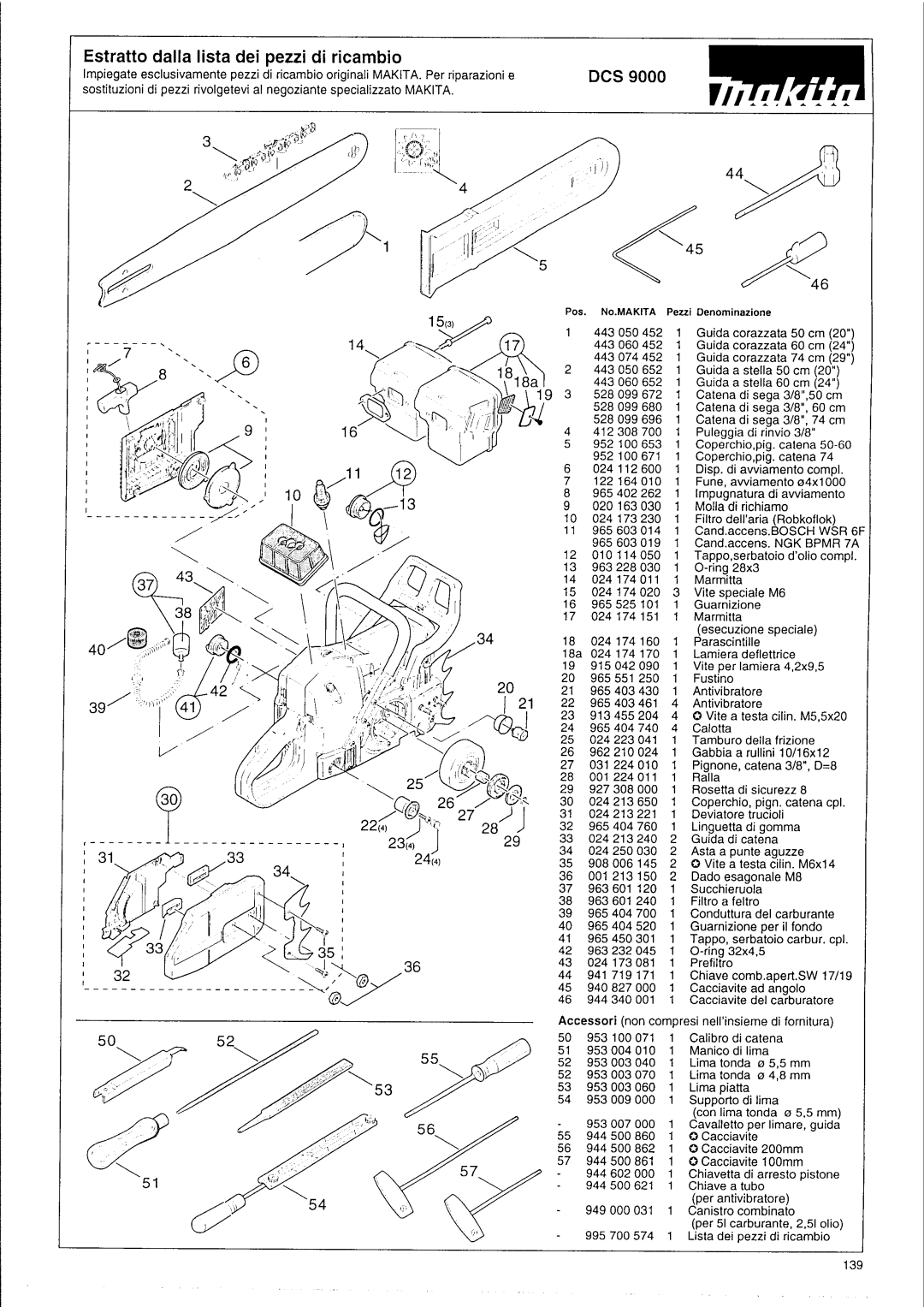 Makita DCS 9000 manual Estratto dalla lista dei pezzi di ricambio 