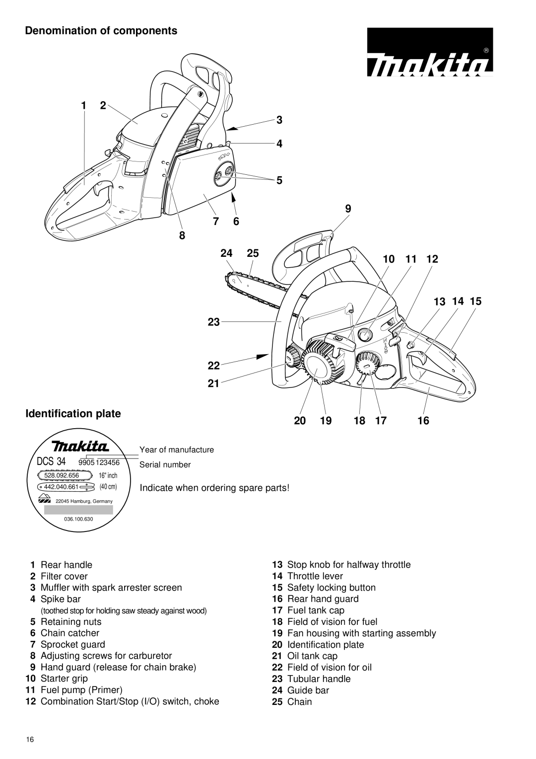 Makita DCS34 manual Denomination of components 13 14 Identification plate, Dcs, Fuel tank cap 