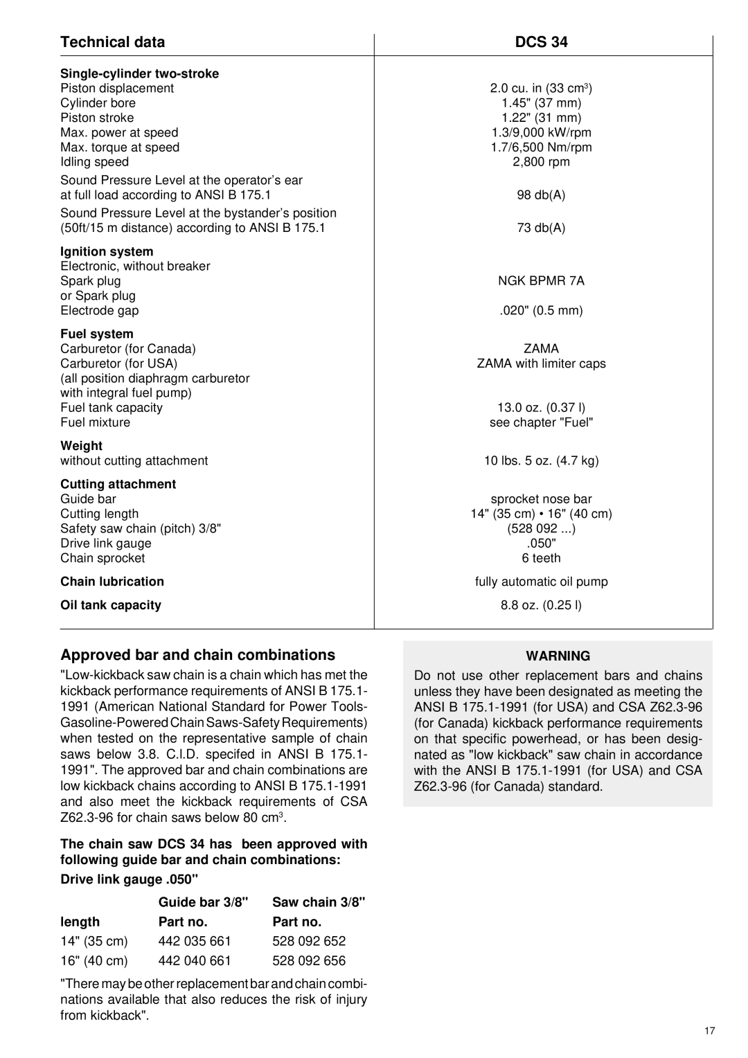 Makita DCS34 manual Technical data DCS, Approved bar and chain combinations, Length 