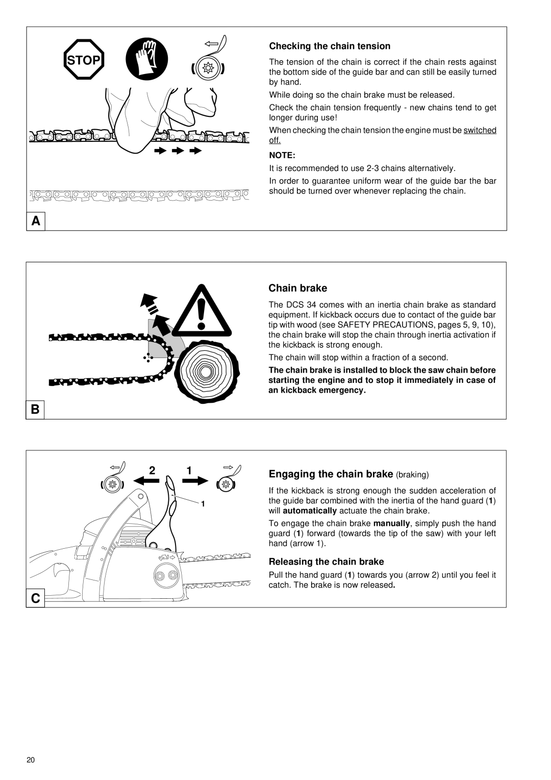 Makita DCS34 manual Chain brake, Engaging the chain brake braking, Checking the chain tension, Releasing the chain brake 