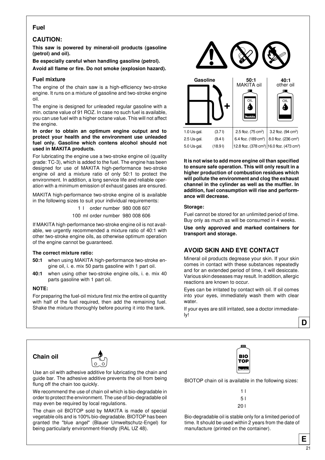 Makita DCS34 manual Chain oil, Fuel mixture, Correct mixture ratio, Gasoline 501 401 