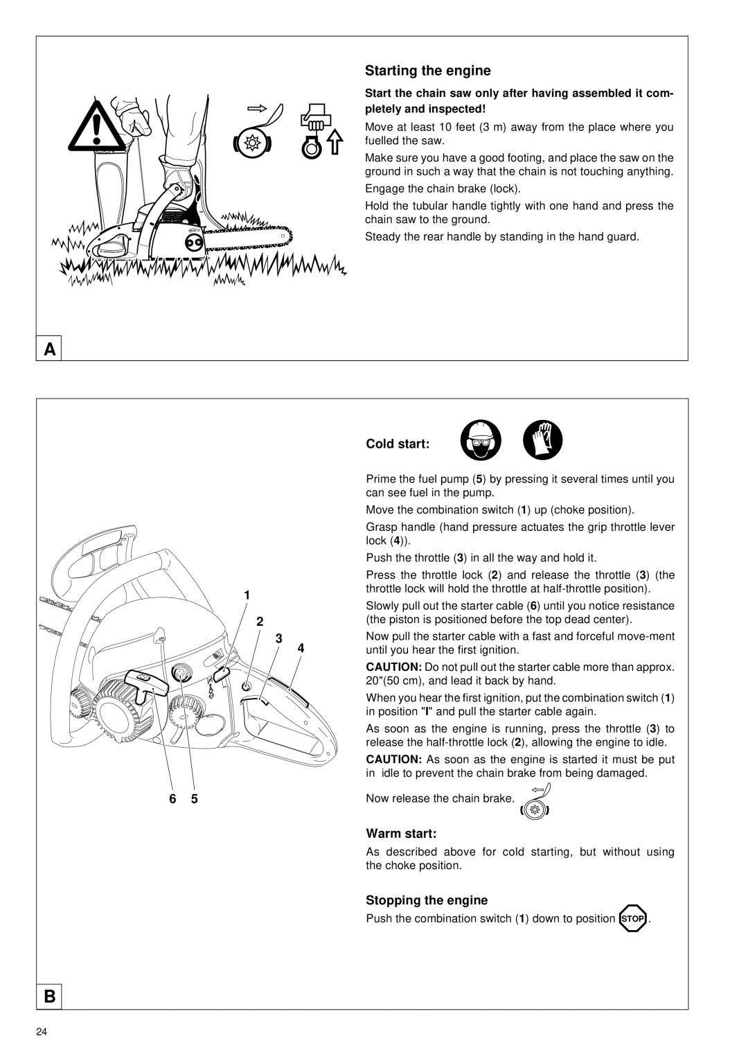 Makita DCS34 manual Starting the engine, Cold start, Warm start, Stopping the engine 