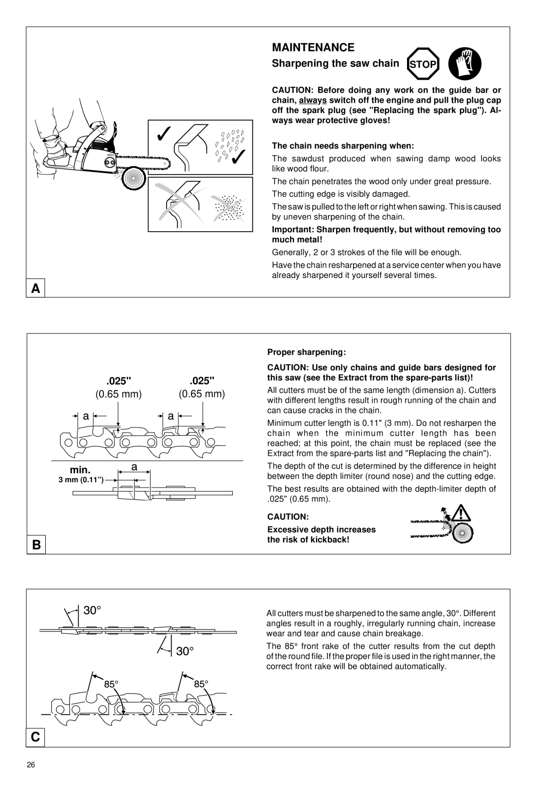 Makita DCS34 manual Sharpening the saw chain Stop, 025, Min 