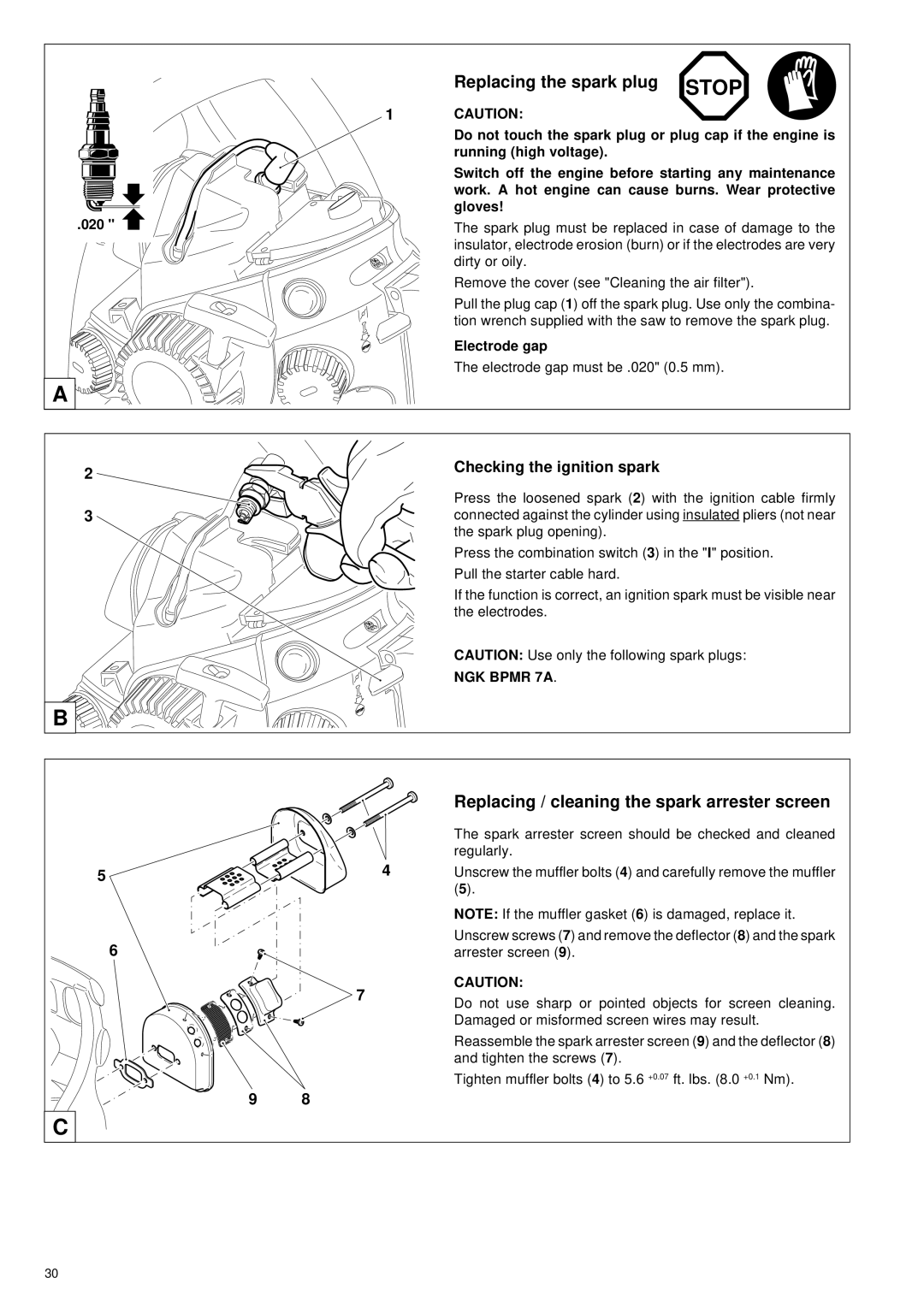 Makita DCS34 Replacing the spark plug Stop, Replacing / cleaning the spark arrester screen, Checking the ignition spark 