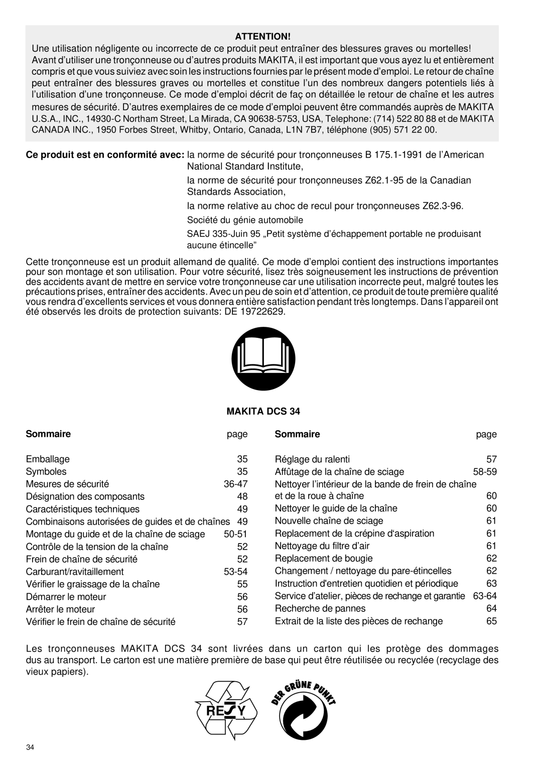 Makita DCS34 manual Sommaire 