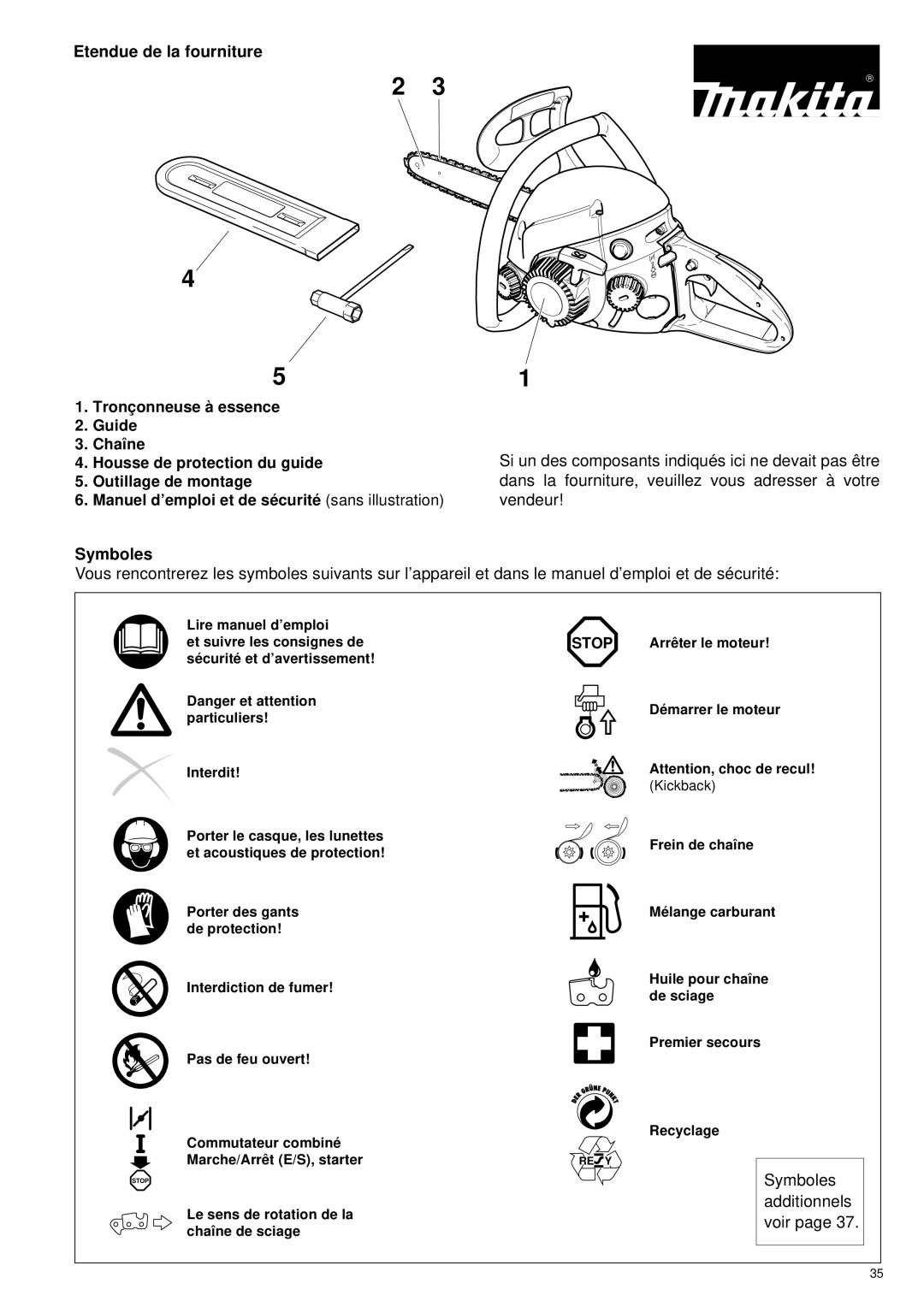 Makita DCS34 manual Etendue de la fourniture, Symboles 