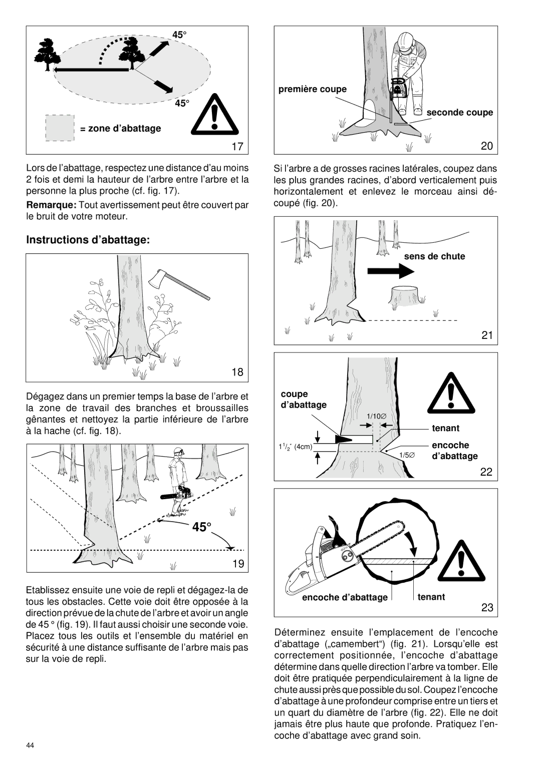 Makita DCS34 manual Instructions d’abattage, = zone d’abattage 