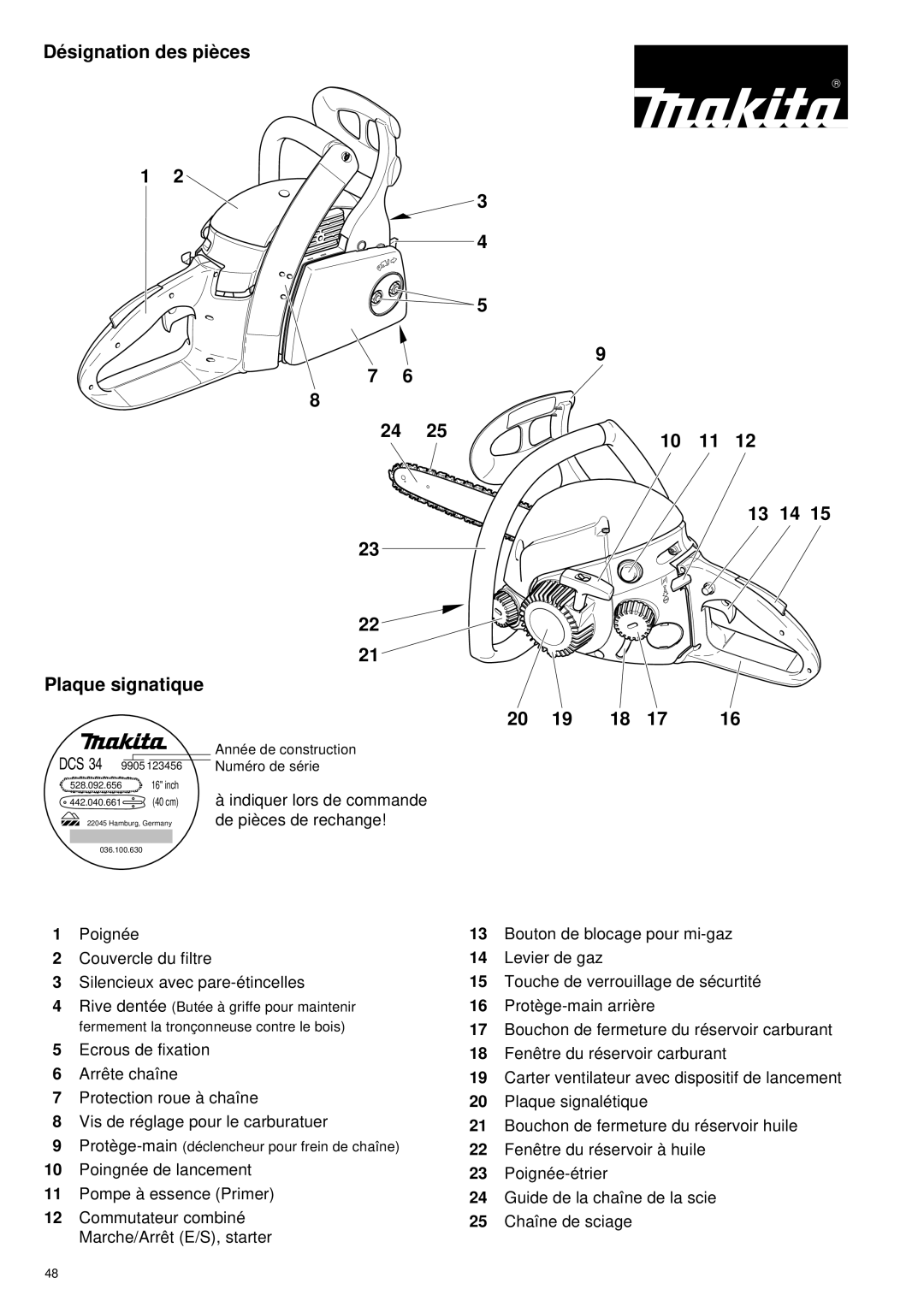 Makita DCS34 manual Dé signation des piè ces 13 14 Plaque signatique, Dcs, Année de construction, Numéro de série 