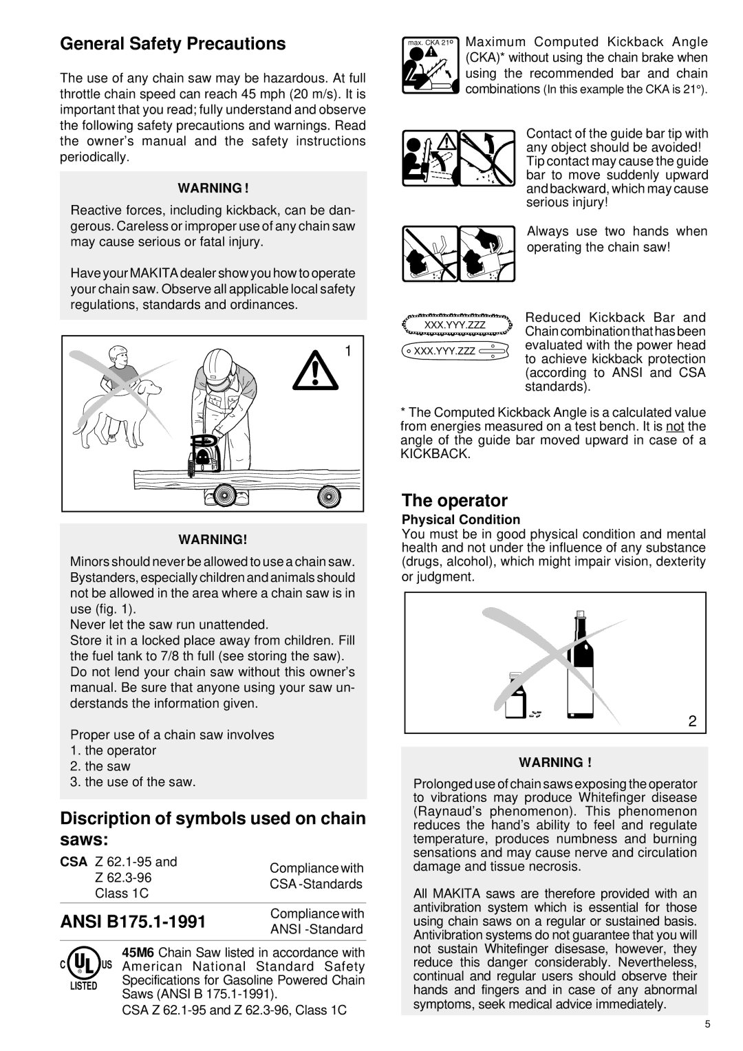 Makita DCS34 manual General Safety Precautions, Discription of symbols used on chain saws, Ansi B175.1-1991, Operator 