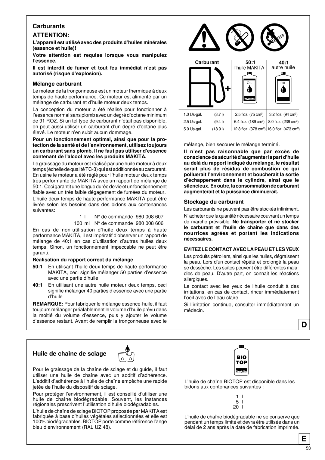 Makita DCS34 manual Carburants, Huile de chaîne de sciage, Mé lange carburant, Stockage du carburant 