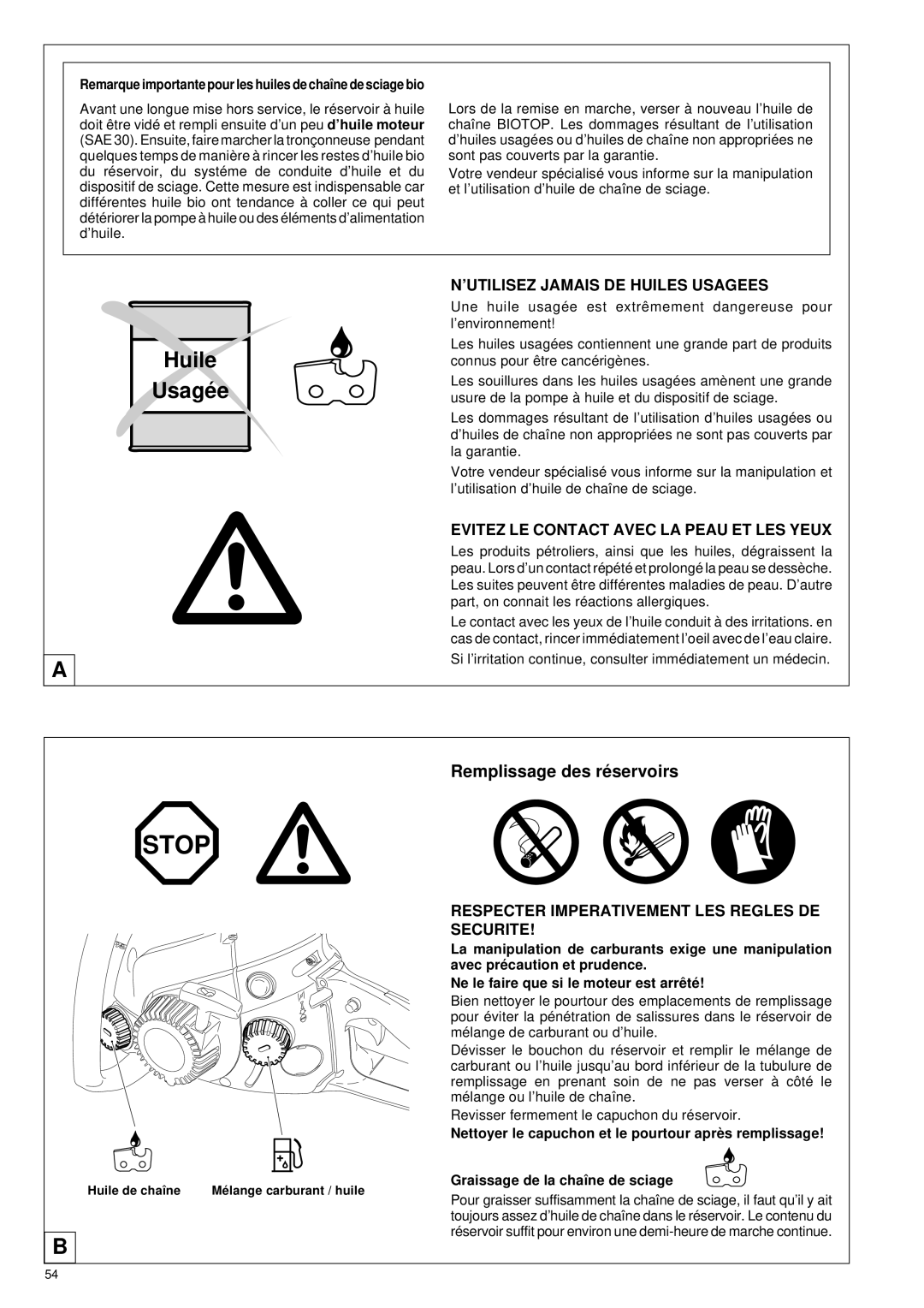 Makita DCS34 manual Huile Usagé e, Remplissage des ré servoirs 