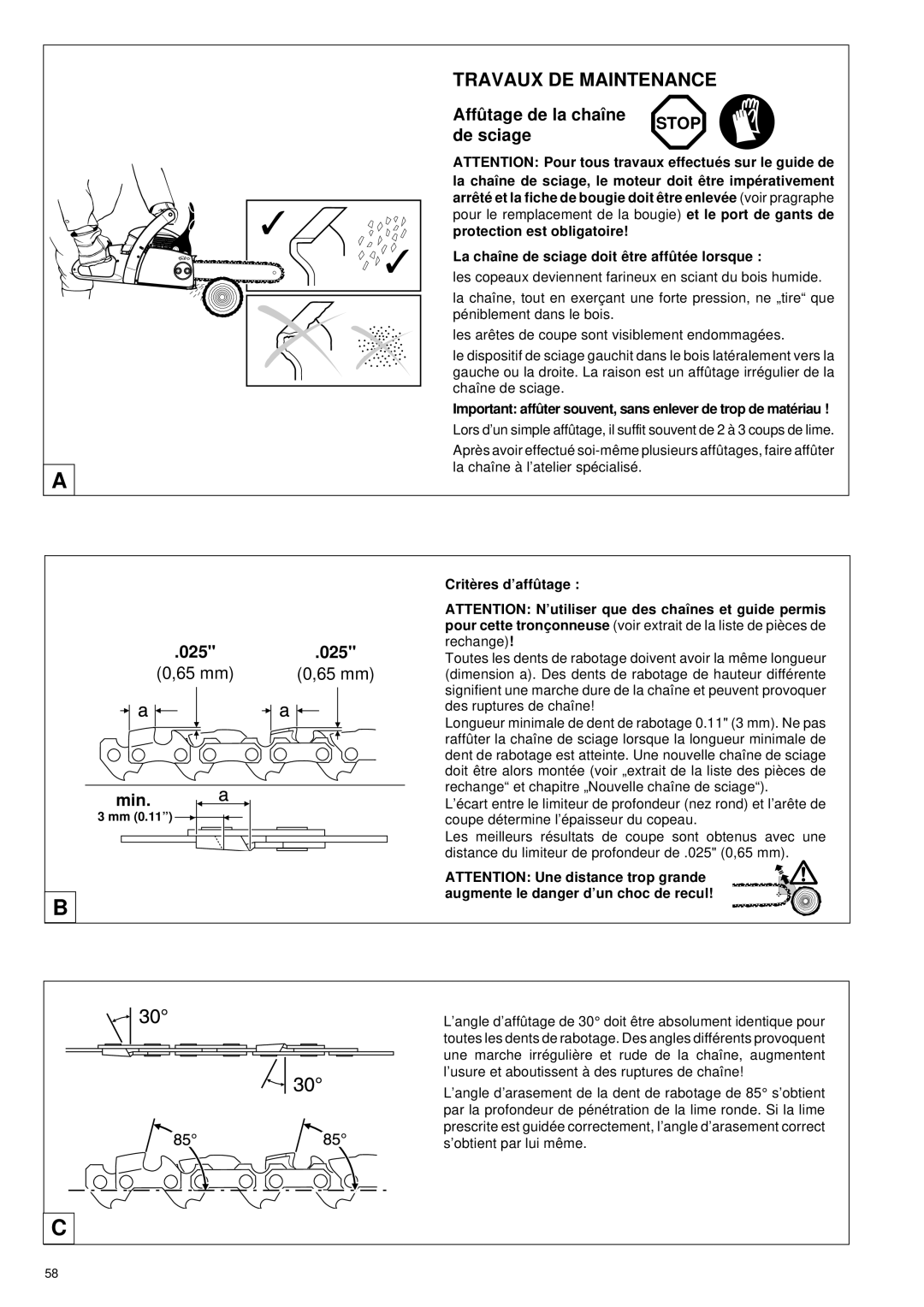 Makita DCS34 manual Affû tage de la chaîne, De sciage, 65 mm 