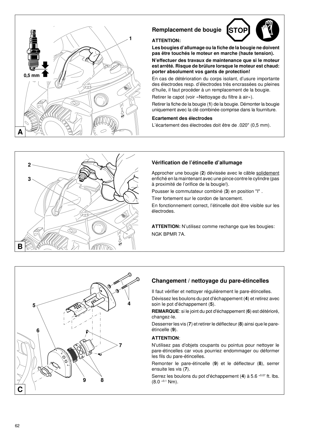 Makita DCS34 manual Remplacement de bougie Stop, Changement / nettoyage du pare-é tincelles 