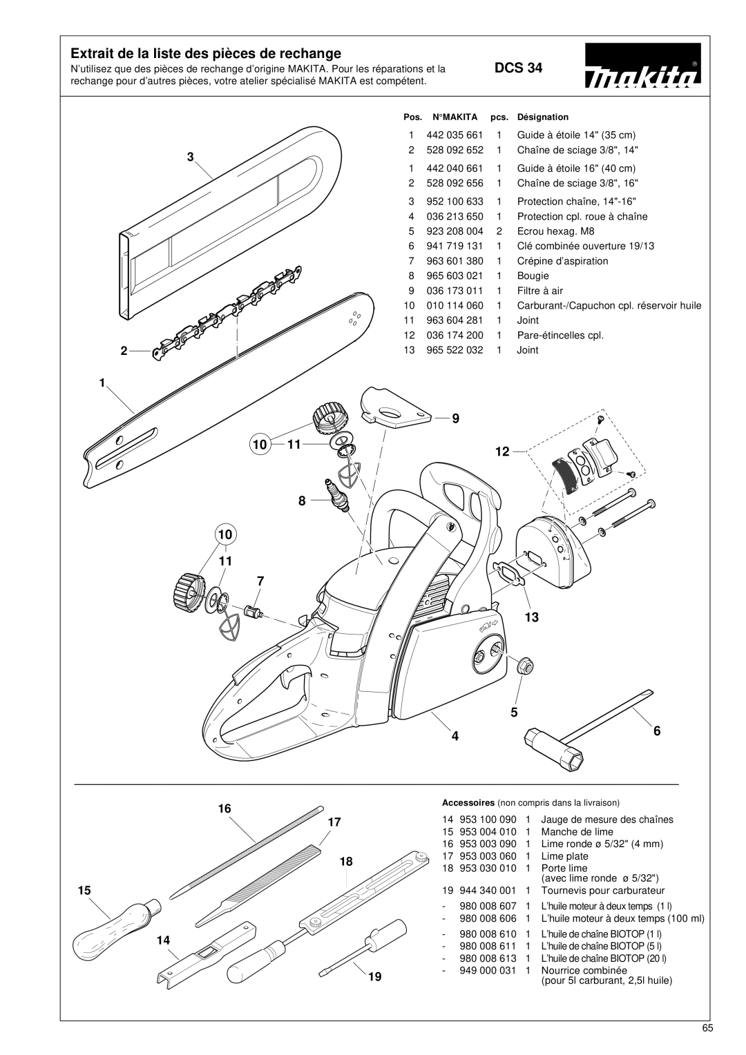 Makita DCS34 manual Extrait de la liste des piè ces de rechange, Dcs 