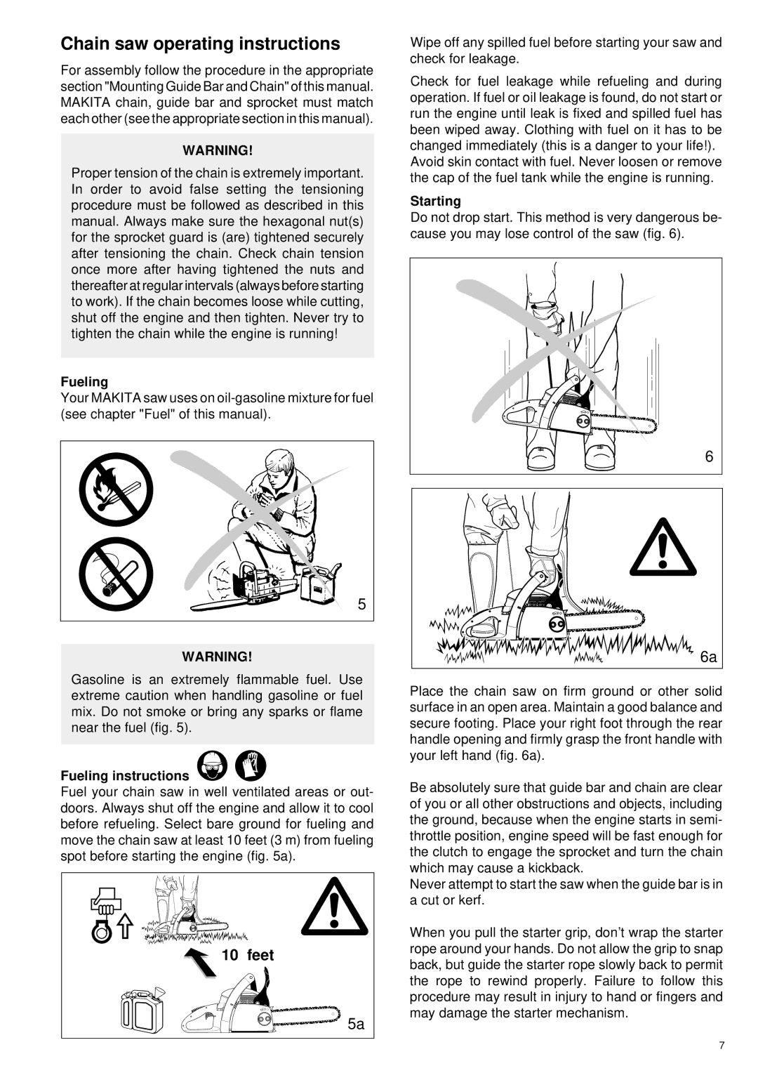 Makita DCS34 manual Chain saw operating instructions, Feet, Fueling instructions, Starting 