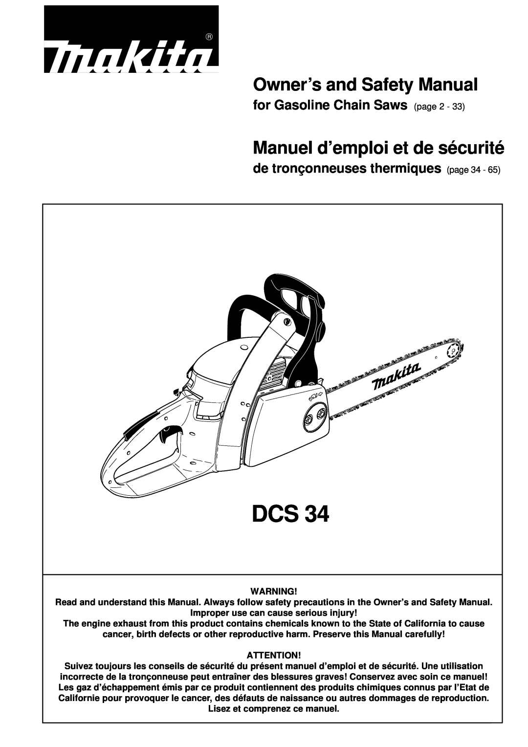 Makita DCS34 manual Owner’s and Safety Manual, Manuel d’emploi et de sécurité, for Gasoline Chain Saws page 2 