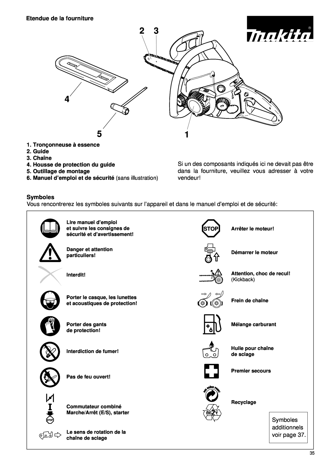 Makita DCS34 manual Etendue de la fourniture, Symboles 