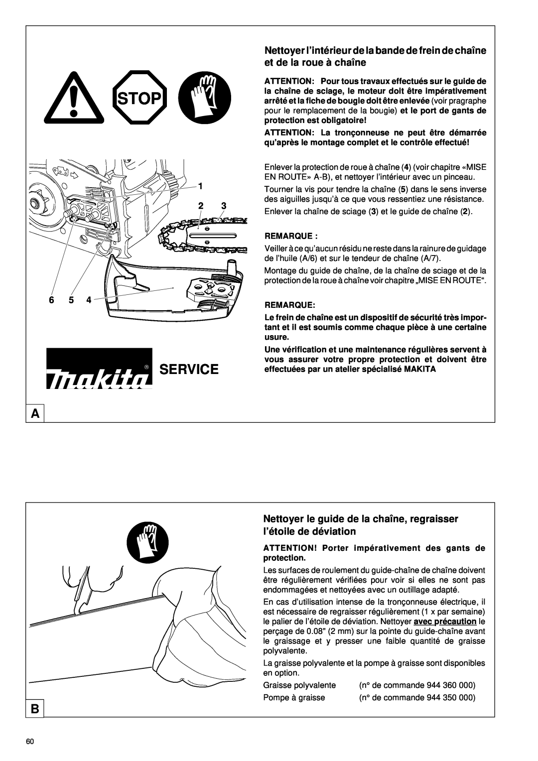 Makita DCS34 manual Nettoyer le guide de la chaîne, regraisser l’é toile de dé viation, Stop, Service, Remarque 