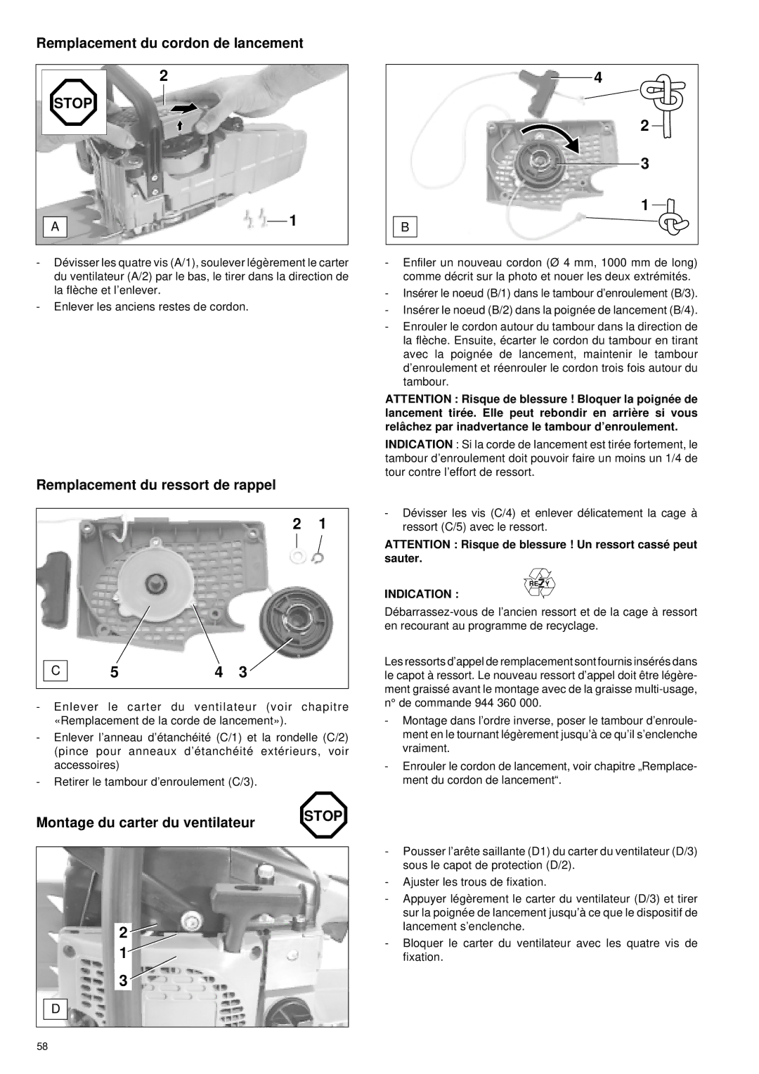 Makita DCS430, DCS431, DCS520, DCS520i, DCS540, DCS5200, DCS5200i manual Remplacement du cordon de lancement 