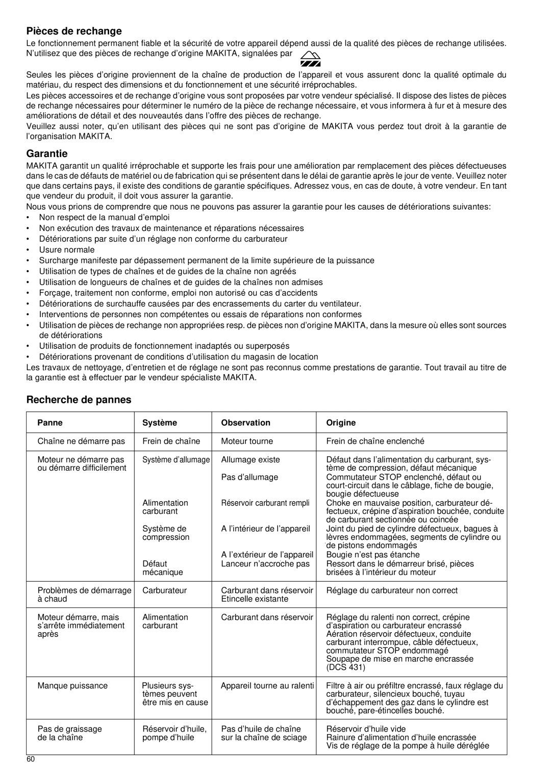 Makita DCS430, DCS431, DCS520, DCS520i, DCS540, DCS5200, DCS5200i manual Piè ces de rechange, Garantie, Recherche de pannes 