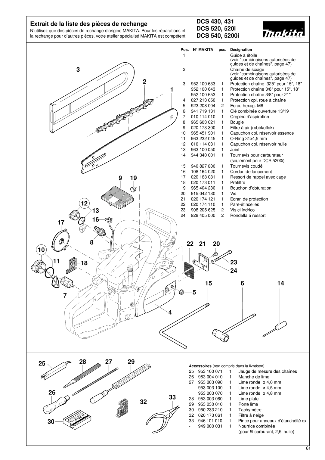 Makita DCS430, DCS431, DCS520, DCS520i, DCS540, DCS5200, DCS5200i Extrait de la liste des piè ces de rechange, 22 21 15614 