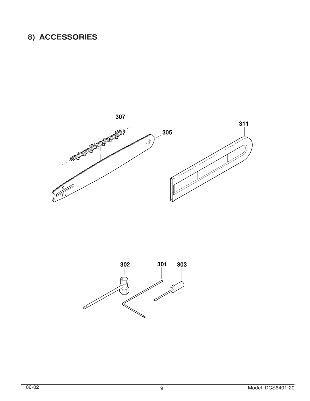 Makita DCS6401-20 manual Accessories, 307 311 305 302 301 303 