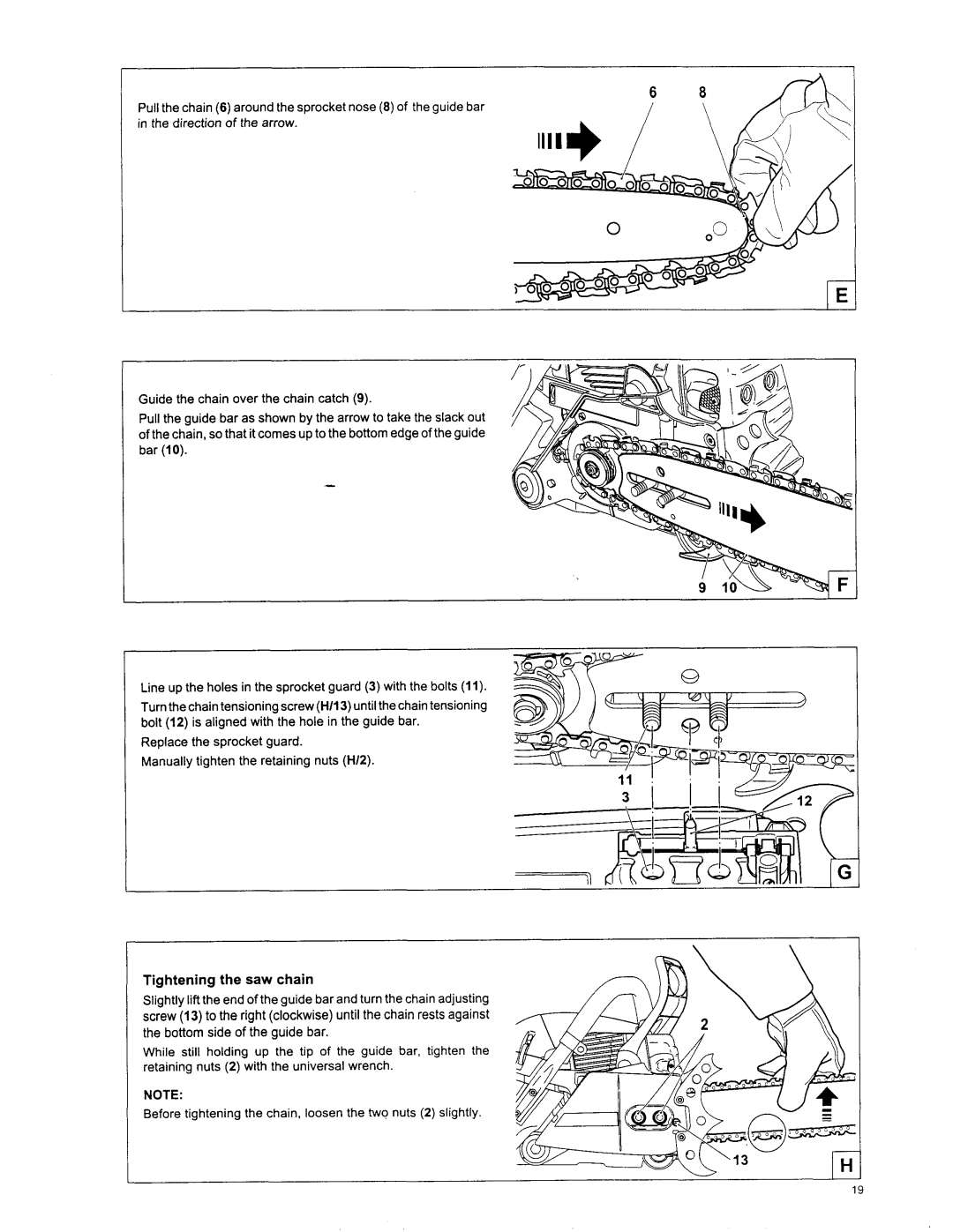 Makita DCS 7901, DCS6401, DCS 7300, DCS 6400, DCS 7900, DCS 7301 manual Tightening the saw chain 