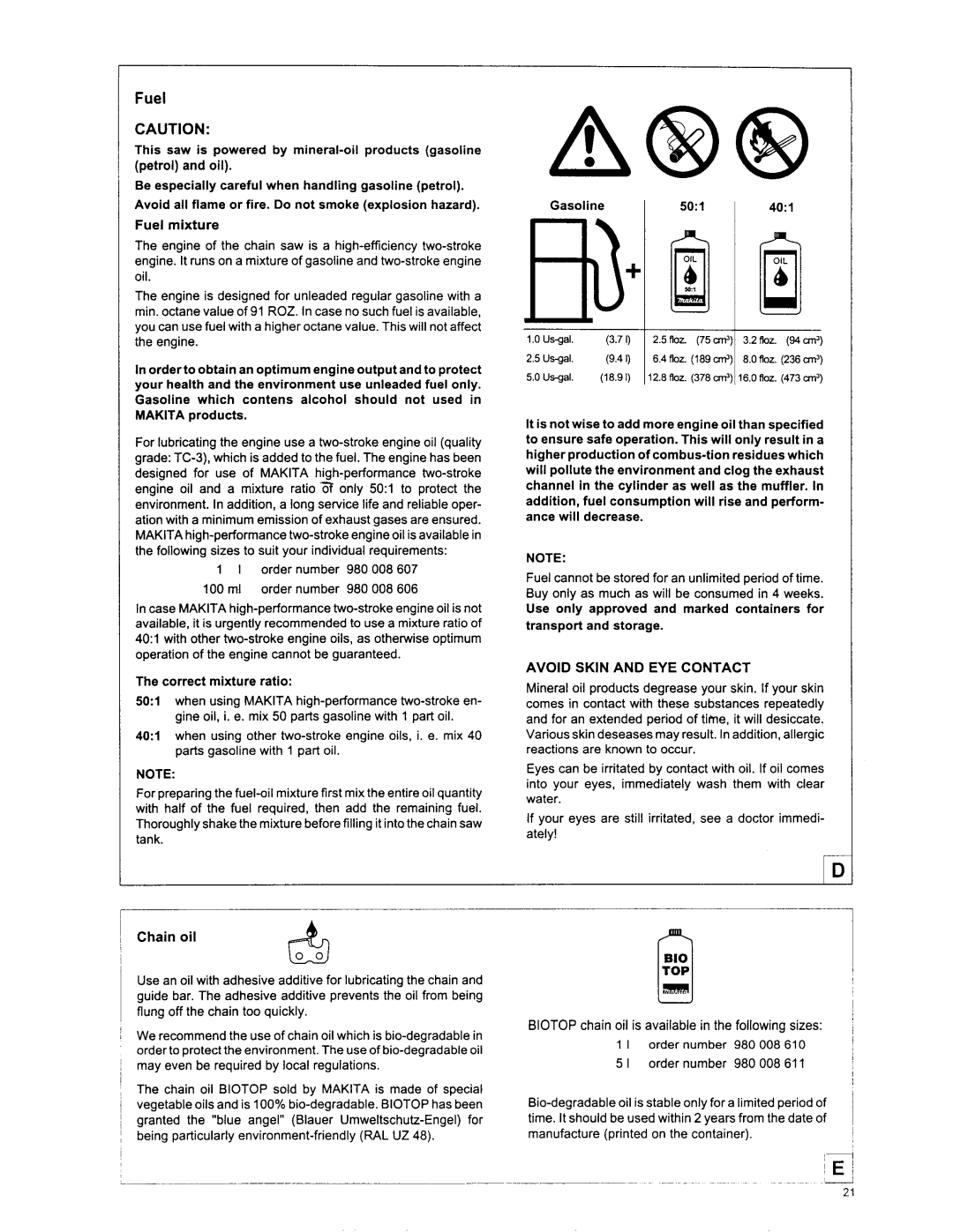 Makita DCS 6400, DCS6401, DCS 7901, DCS 7300, DCS 7900, DCS 7301 manual Fuel, Gasoline 50l 40l 