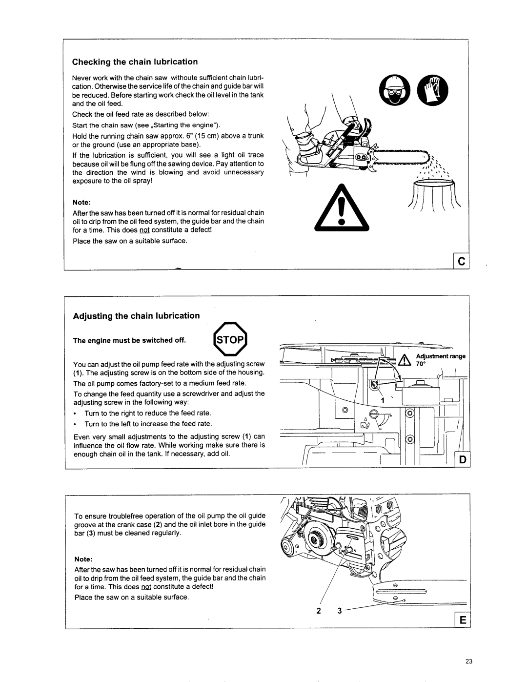 Makita DCS 7301, DCS6401 manual Checking the chain lubrication, Adjusting the chain lubrication, Engine must be switched off 