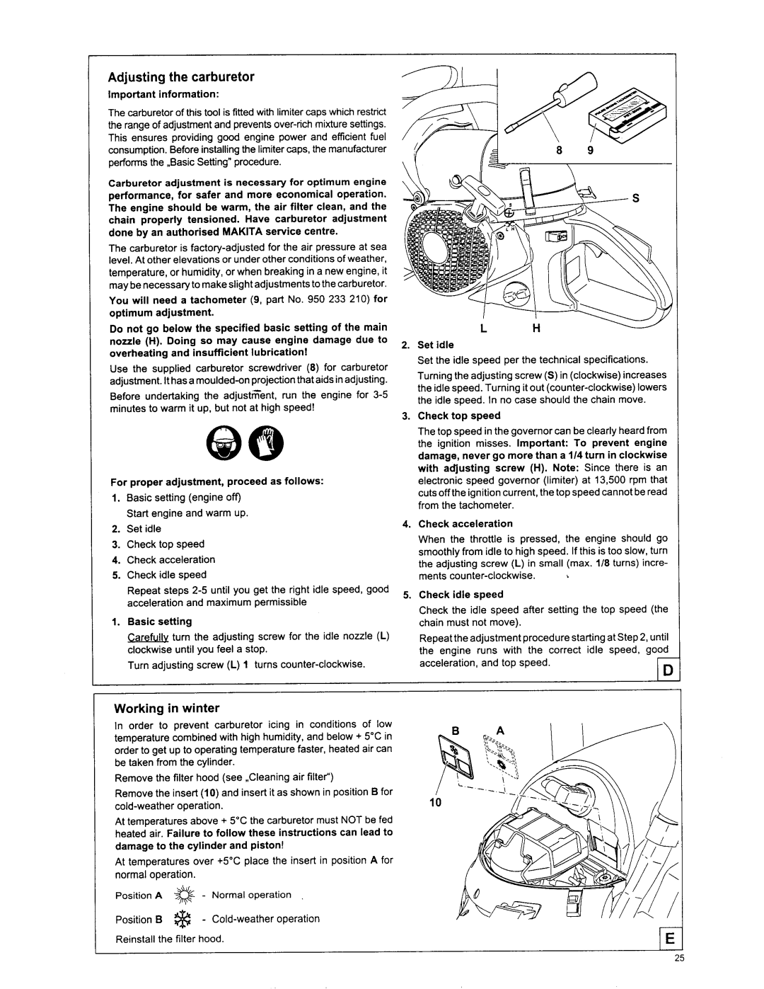 Makita DCS 7901, DCS6401, DCS 7300, DCS 6400, DCS 7900, DCS 7301 manual Adjusting the carburetor, Working in winter 