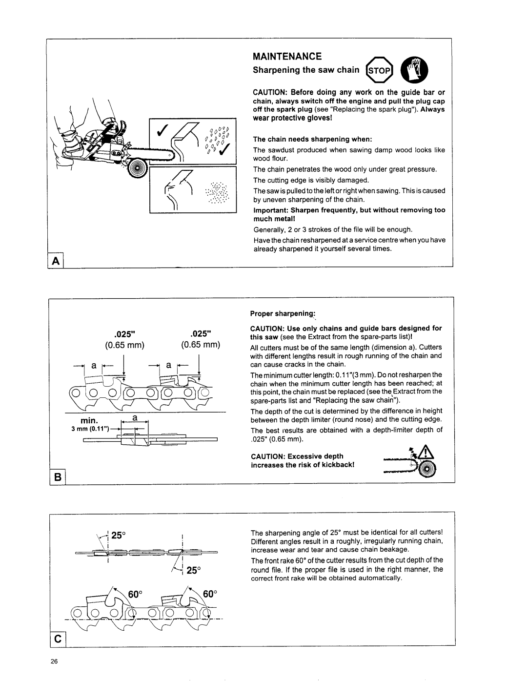 Makita DCS 7300, DCS6401, DCS 7901, DCS 6400, DCS 7900, DCS 7301 manual 025 65 mm Min, Sharpening the saw chain 