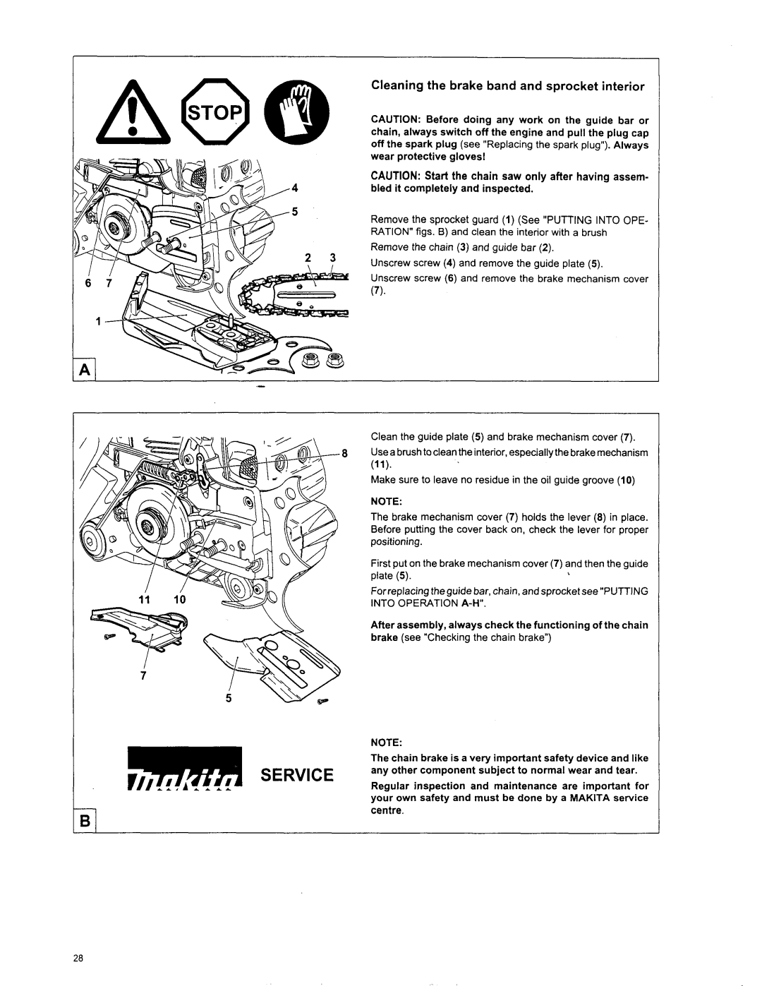 Makita DCS 7900, DCS6401, DCS 7901, DCS 7300, DCS 6400, DCS 7301 manual Cleaning the brake band and sprocket interior 