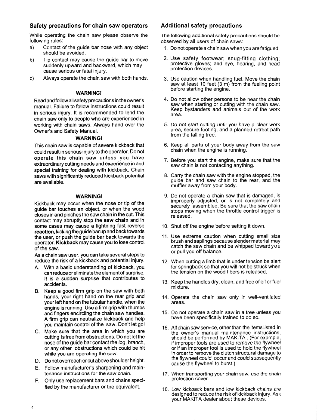 Makita DCS 7900, DCS6401, DCS 7901 manual Safety precautions for chain saw operators, Additional safety precautions, WARNlNGf 