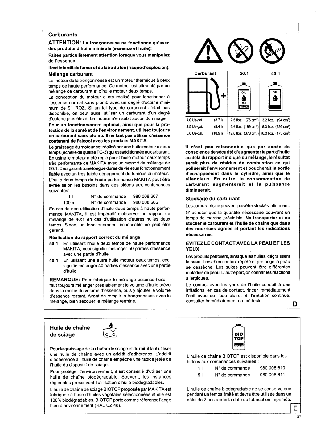 Makita DCS 6400, DCS6401, DCS 7901, DCS 7300, DCS 7900, DCS 7301 manual Carburants, Melange carburant, Huile de chaine de sciage 