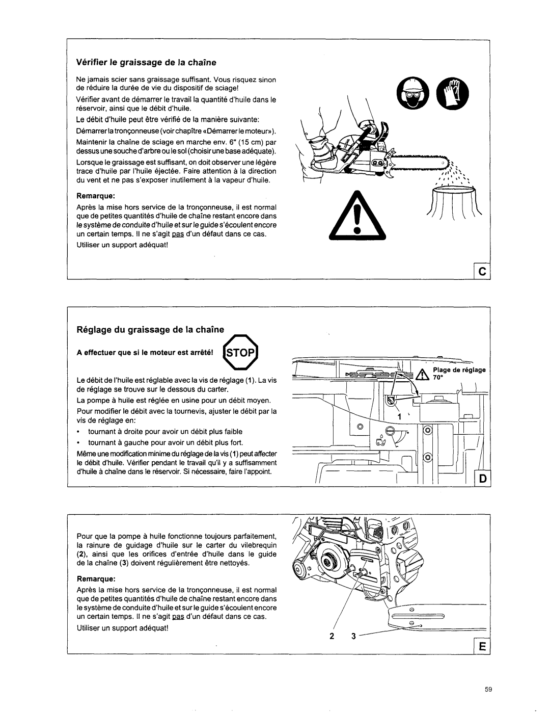 Makita DCS 7301, DCS6401, DCS 7901 manual Verifier le graissage de la chaine, Reglage du graissage de la chaine0, Remarque 