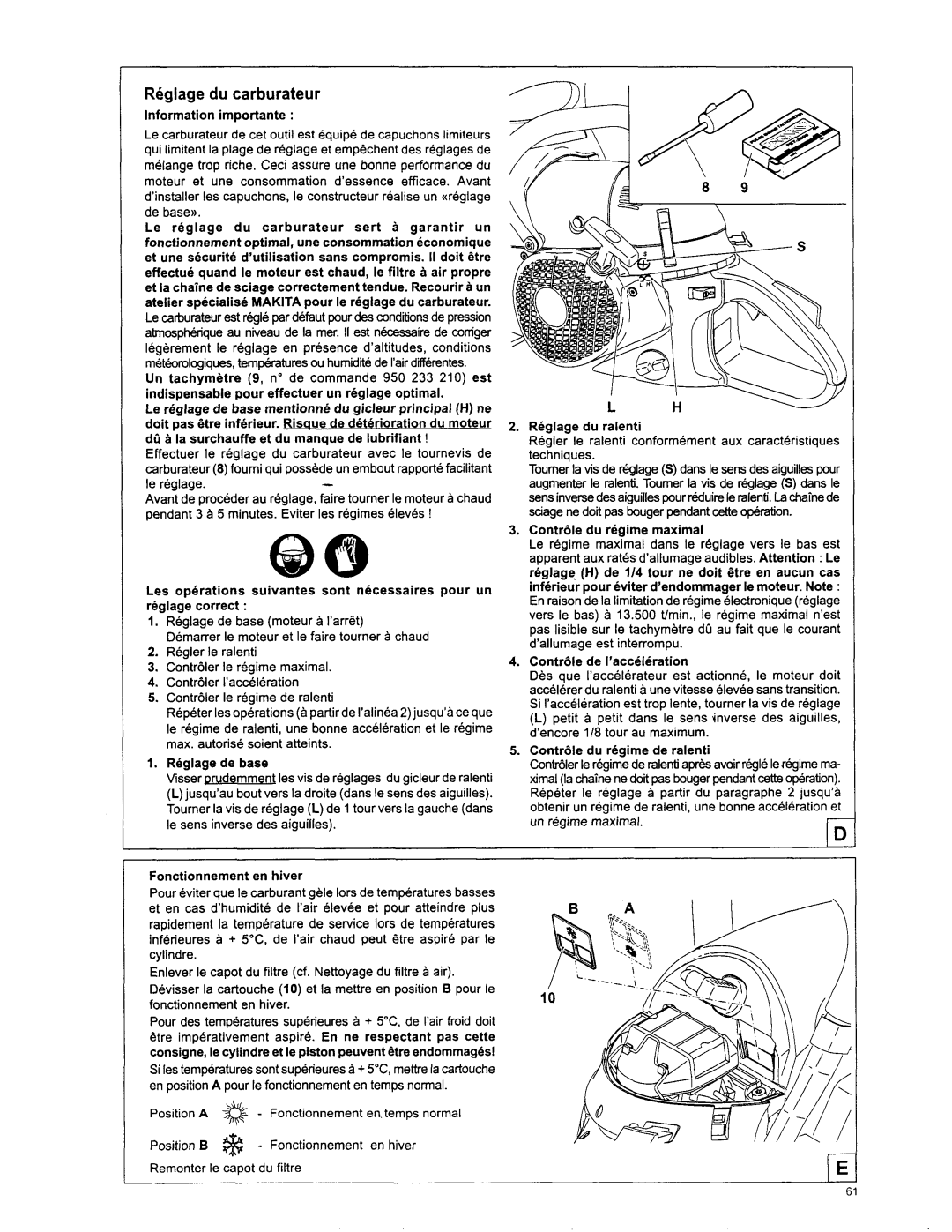 Makita DCS 7901, DCS6401, DCS 7300, DCS 6400, DCS 7900, DCS 7301 manual Reglage du carburateur 