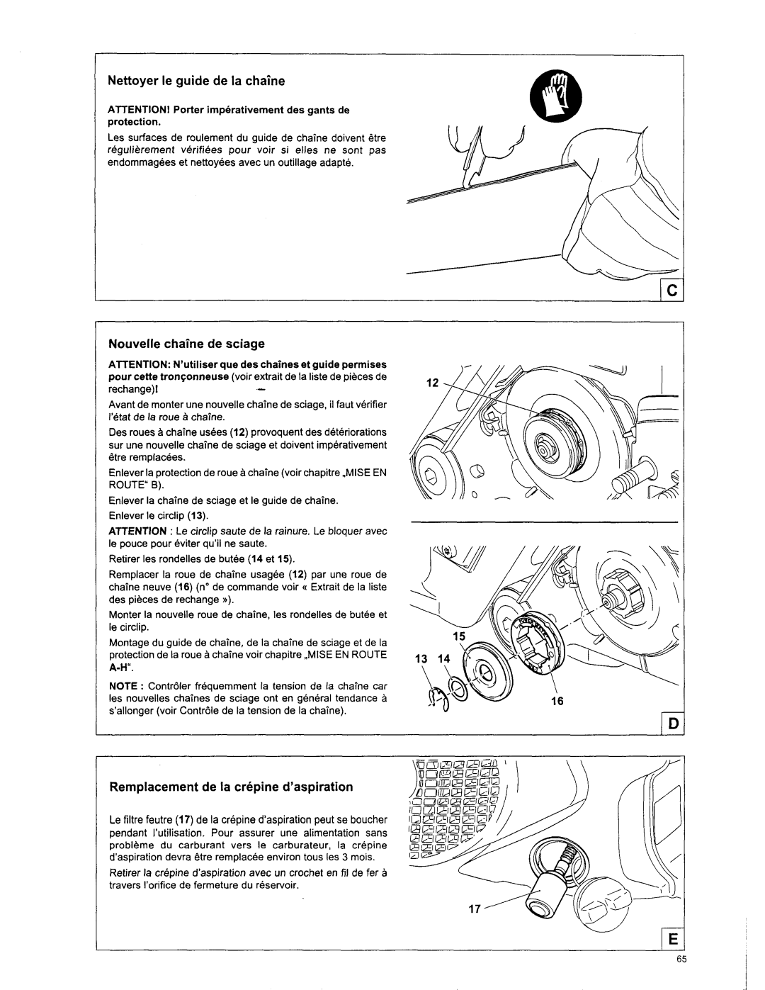 Makita DCS 7301, DCS6401 Nettoyer le guide de la chaine, Nouvelle chaine de sciage, Remplacement de la crepine daspiration 