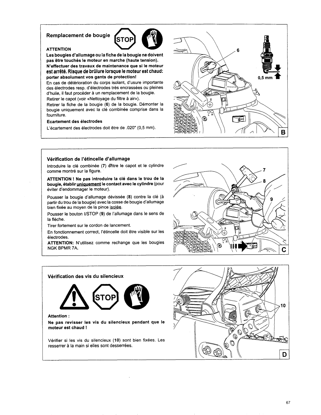 Makita DCS 7901, DCS6401, DCS 7300, DCS 6400, DCS 7900 manual Remplacement de bougie, Verification de I’etincelle d’allumage 