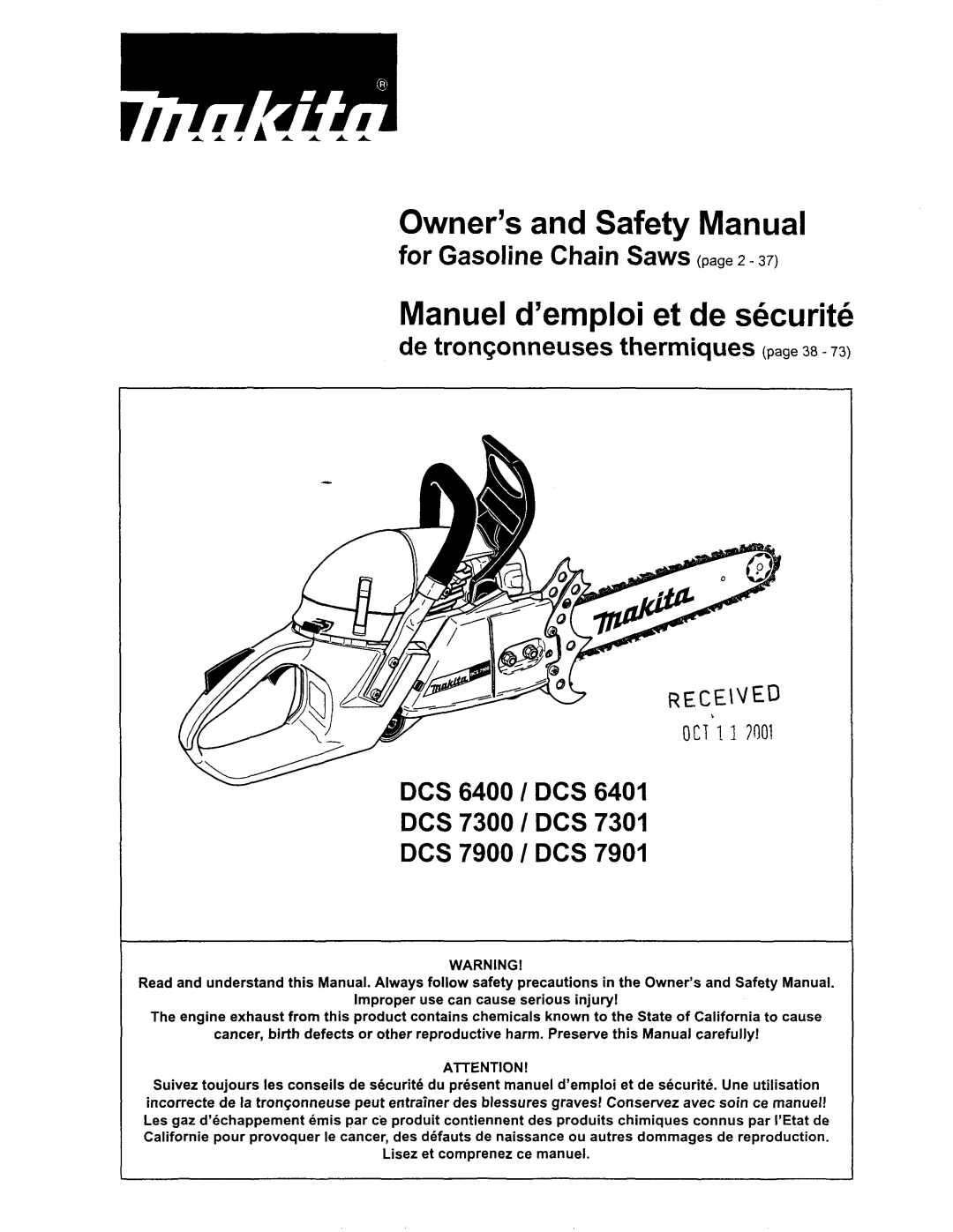 Makita DCS 7901, DCS6401 manual Owner’s and Safety Manual, Manuel d’emploi et de securite, DCS 7300 / DCS DCS 7900 / DCS 
