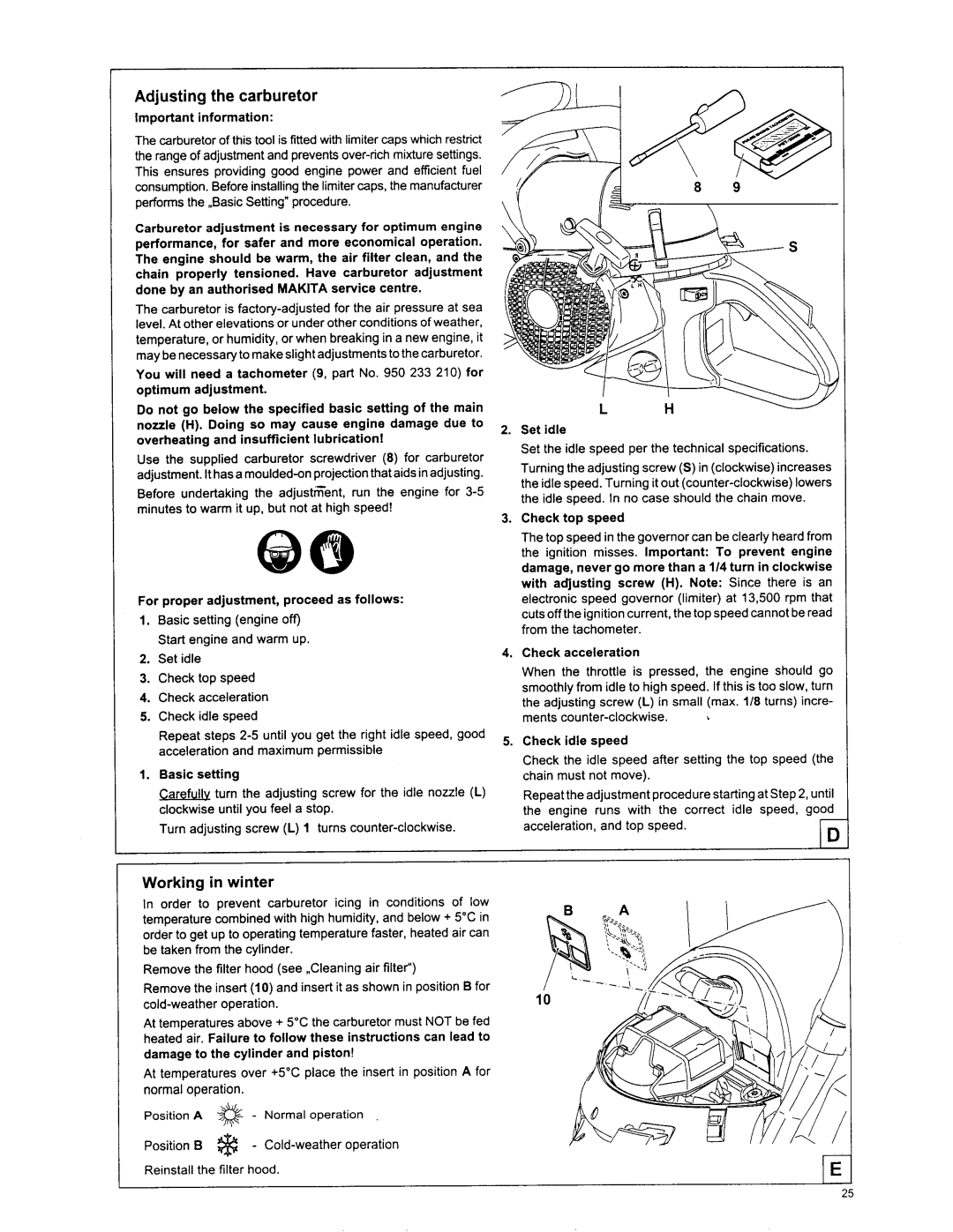 Makita DCS 7901, DCS6401 manual Adjusting the carburetor, Working in winter, Important information, Basic setting, Set idle 