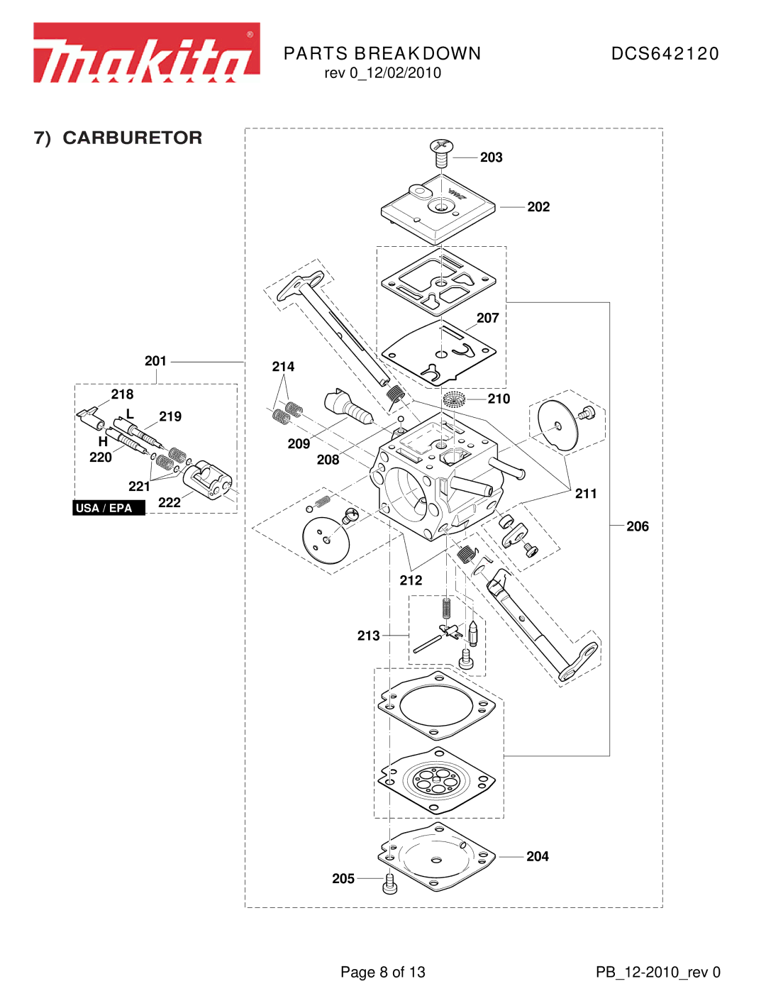 Makita DCS642120 manual Carburetor 