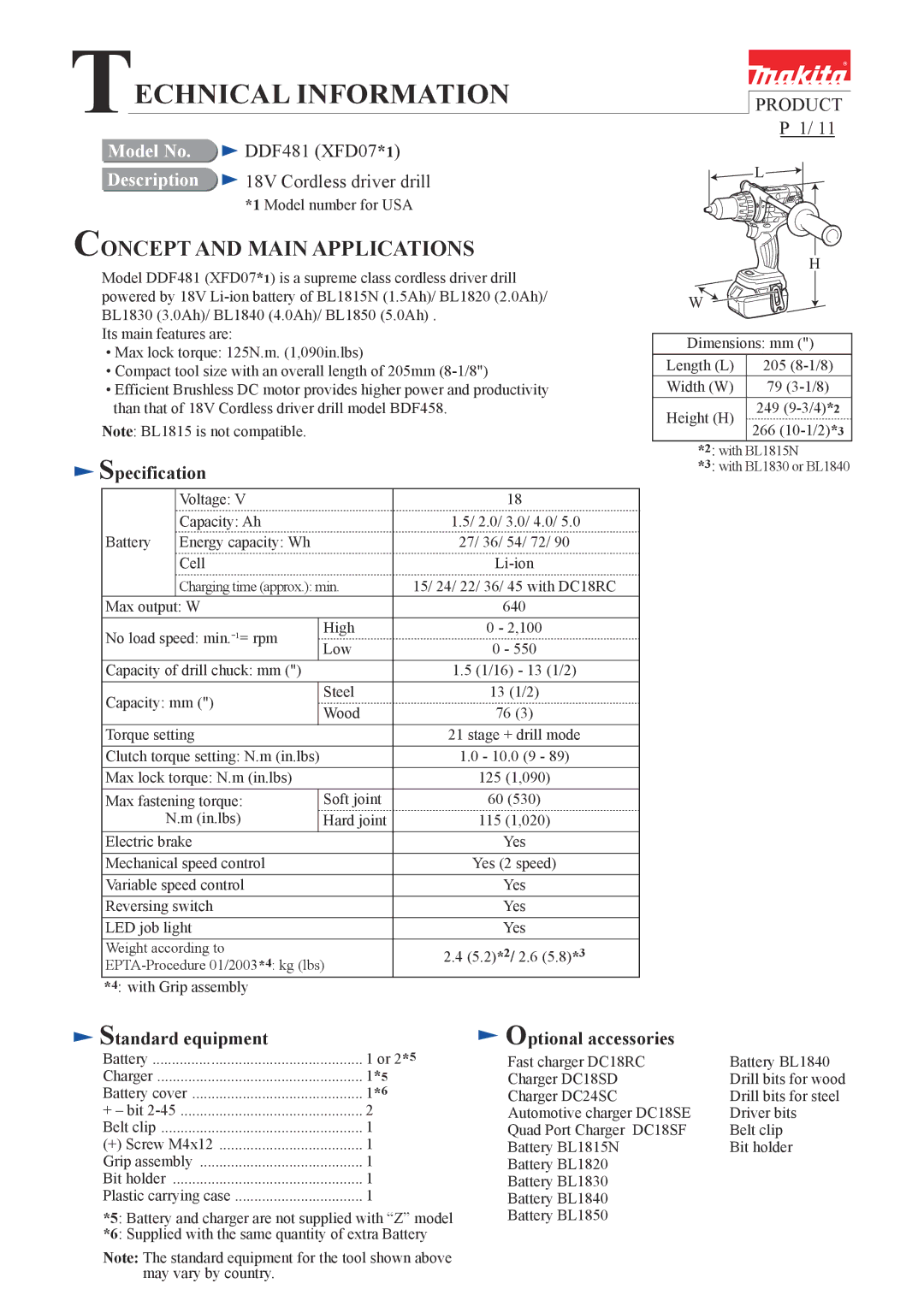 Makita DDF481 dimensions Specification, Standard equipment, Optional accessories 