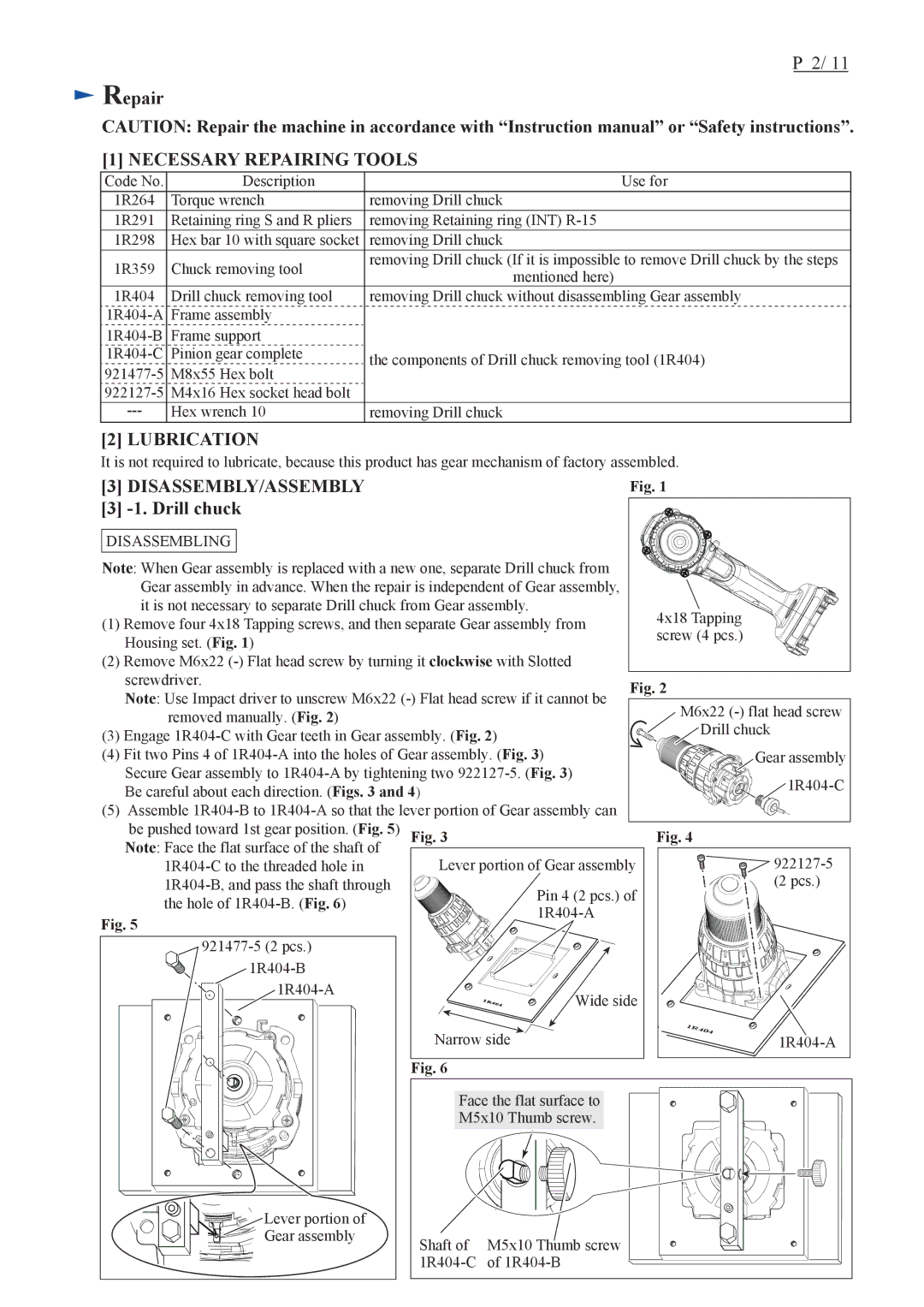 Makita DDF481 dimensions Repair, Drill chuck 