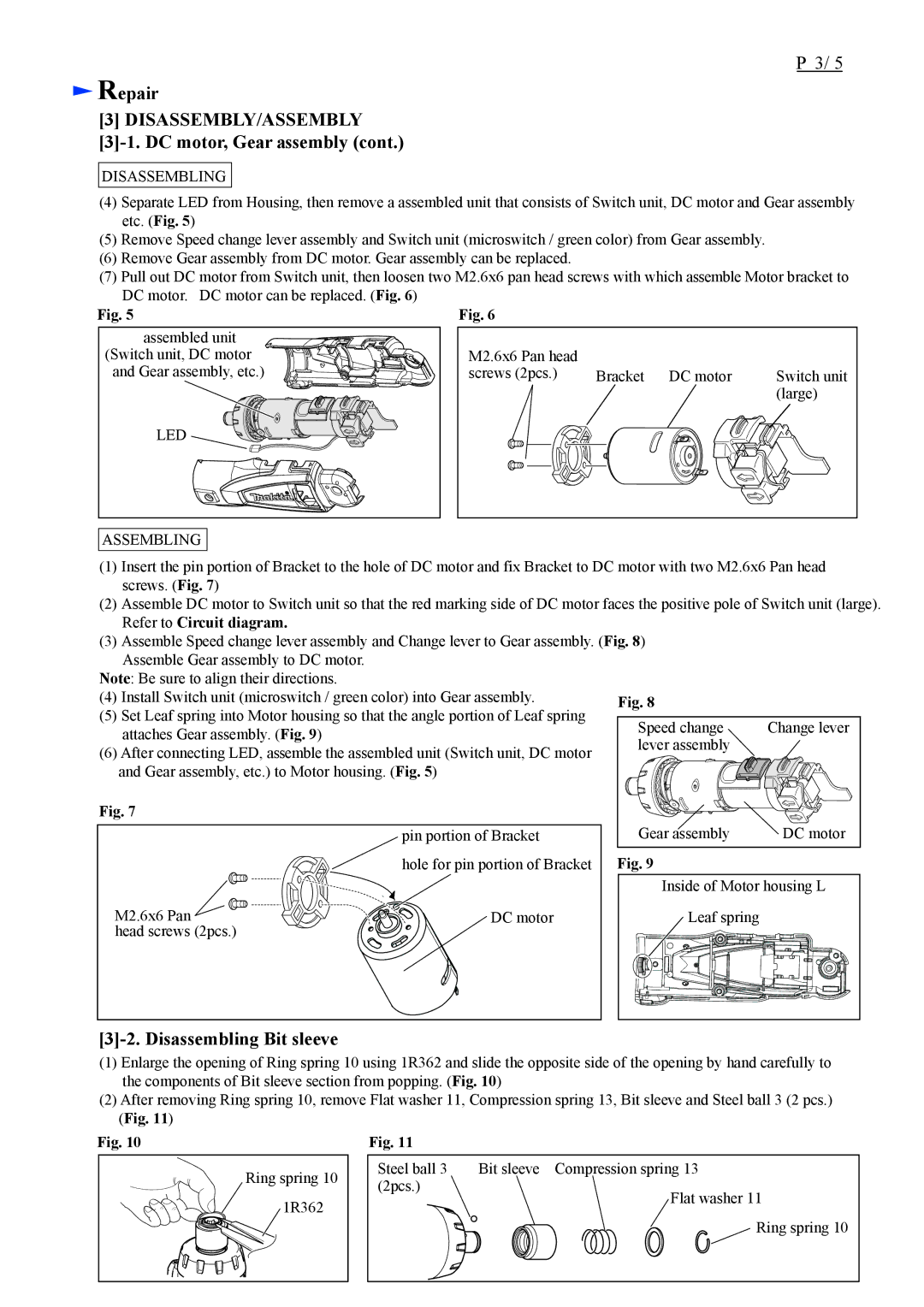 Makita DF010DSE specifications Disassembling Bit sleeve, Led, Assembling 