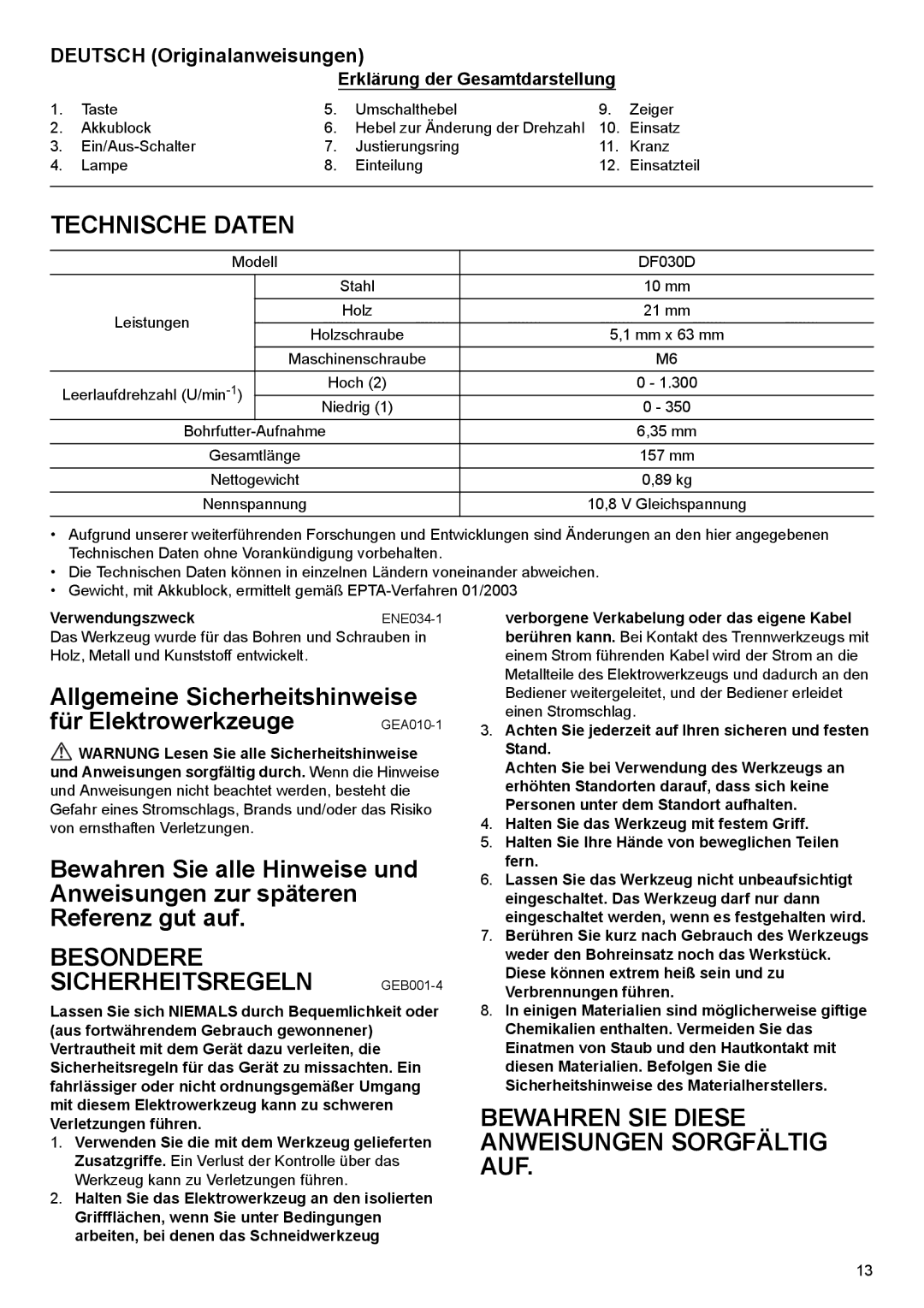 Makita DF030D Technische Daten, Besondere Sicherheitsregeln GEB001-4, Bewahren SIE Diese Anweisungen Sorgfältig AUF 