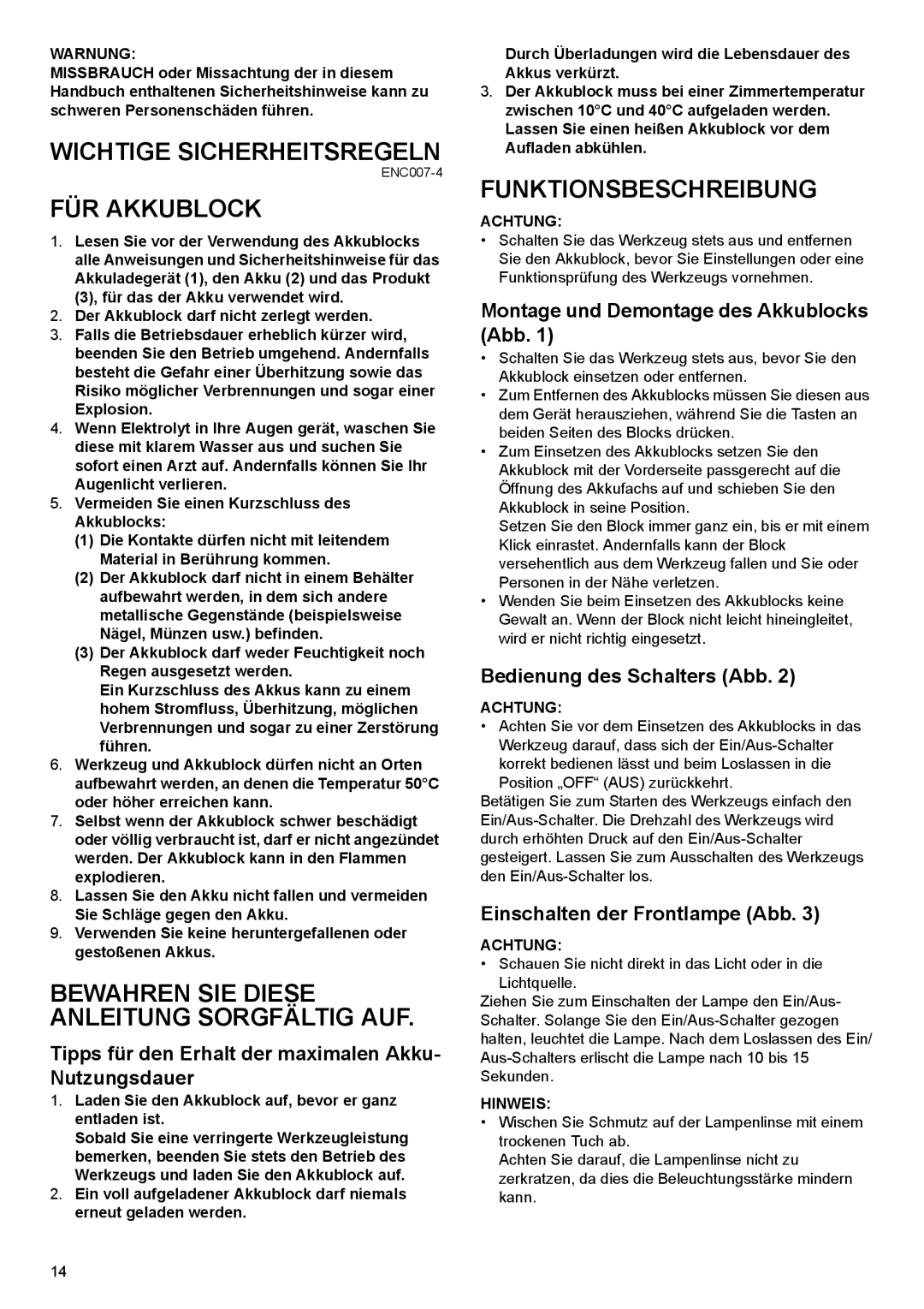 Makita DF030D instruction manual Wichtige Sicherheitsregeln, FÜR Akkublock, Funktionsbeschreibung 