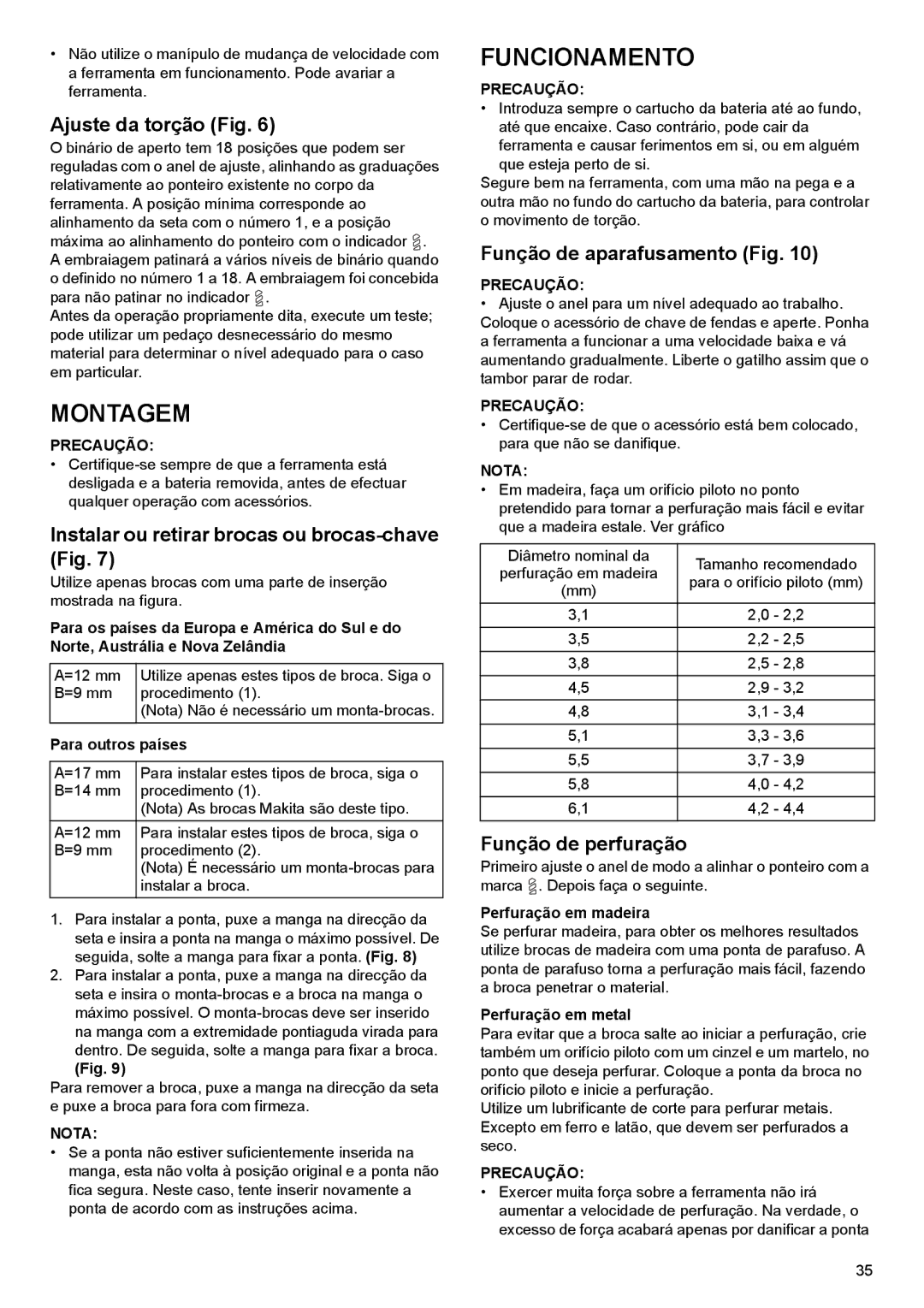 Makita DF030D Montagem, Ajuste da torção Fig, Instalar ou retirar brocas ou brocas-chave Fig, Função de aparafusamento Fig 