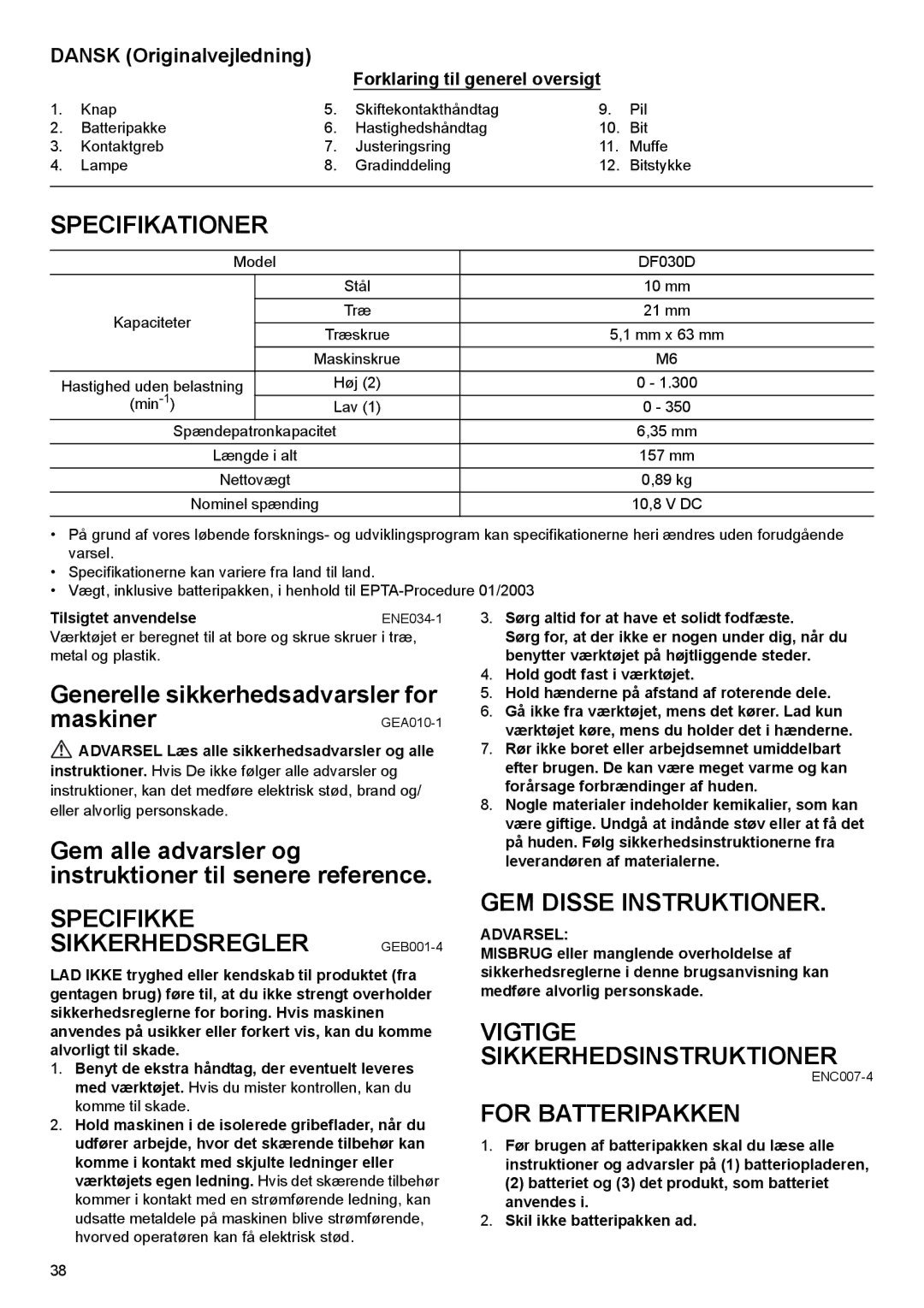 Makita DF030D Specifikationer, Specifikke Sikkerhedsregler GEB001-4, GEM Disse Instruktioner, For Batteripakken 